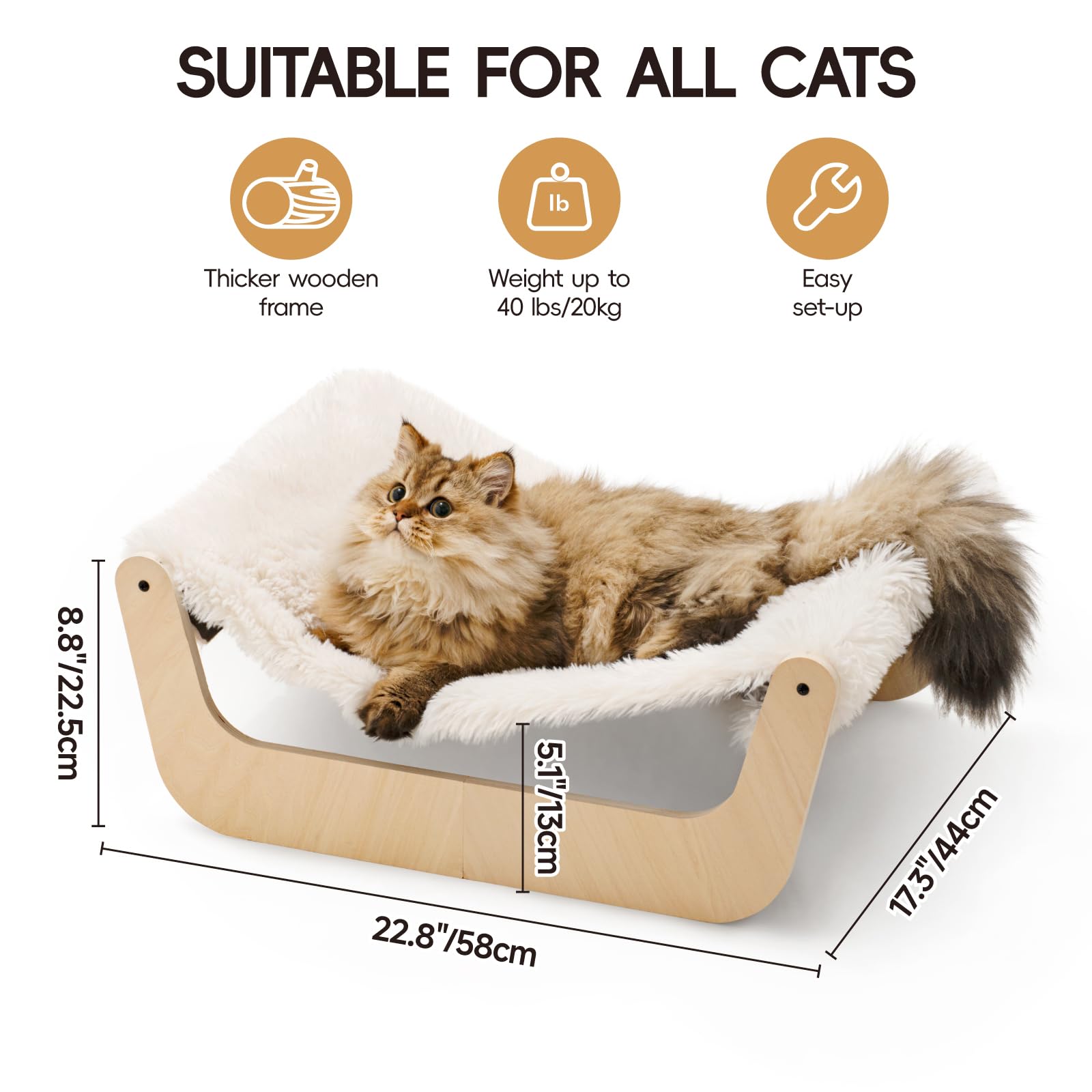Mewoofun Cat Hammock Bed, Cat Beds For Indoor Cats With Washable Removable Bed Cover, Wooden Cat Hammock For Large Cats, Easy To