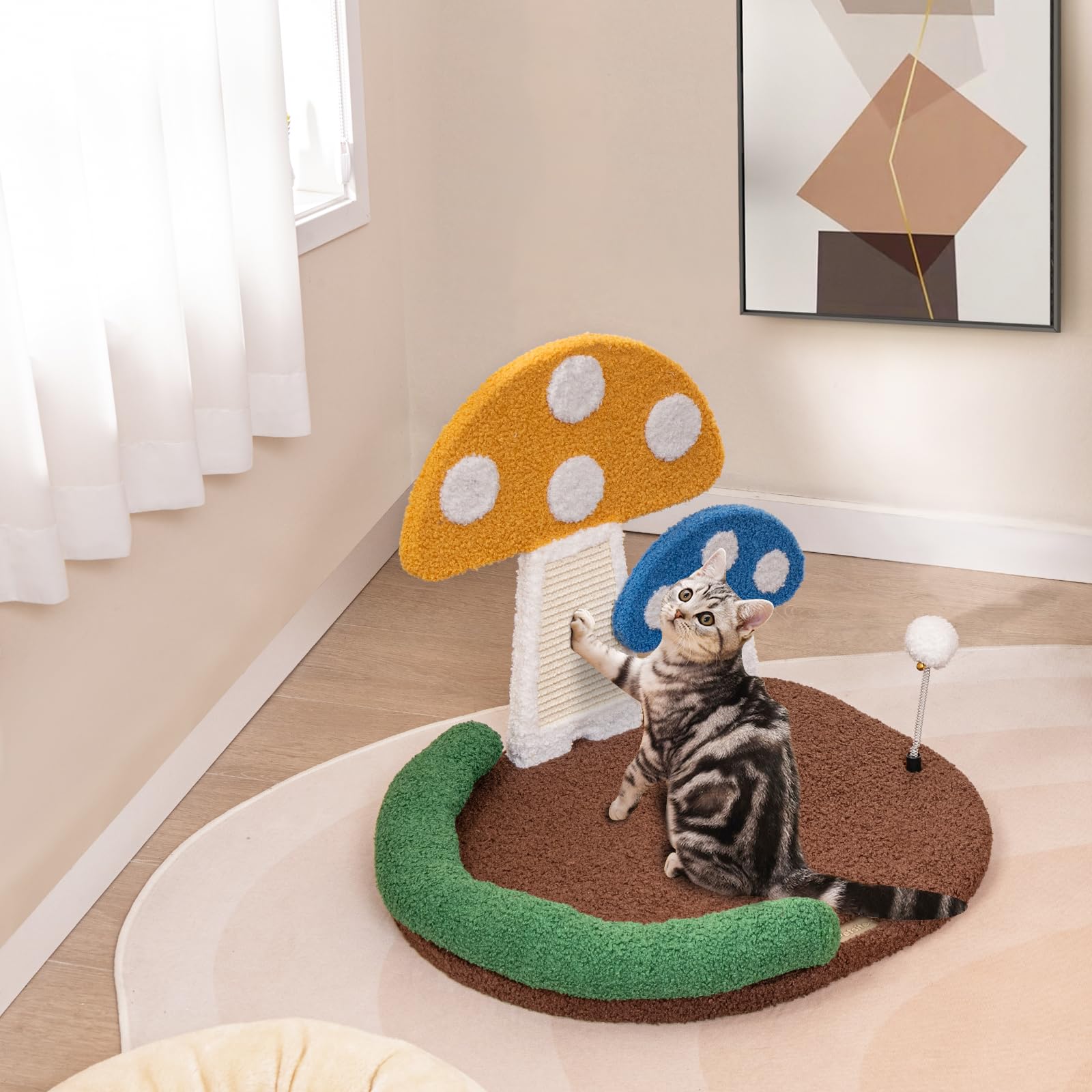 Petsite Mushroom Cat Tree For Indoor Cats, Modern Small Cute Cat Tree With Natural Sisal Scratching Board, And Teasing Spring Ba