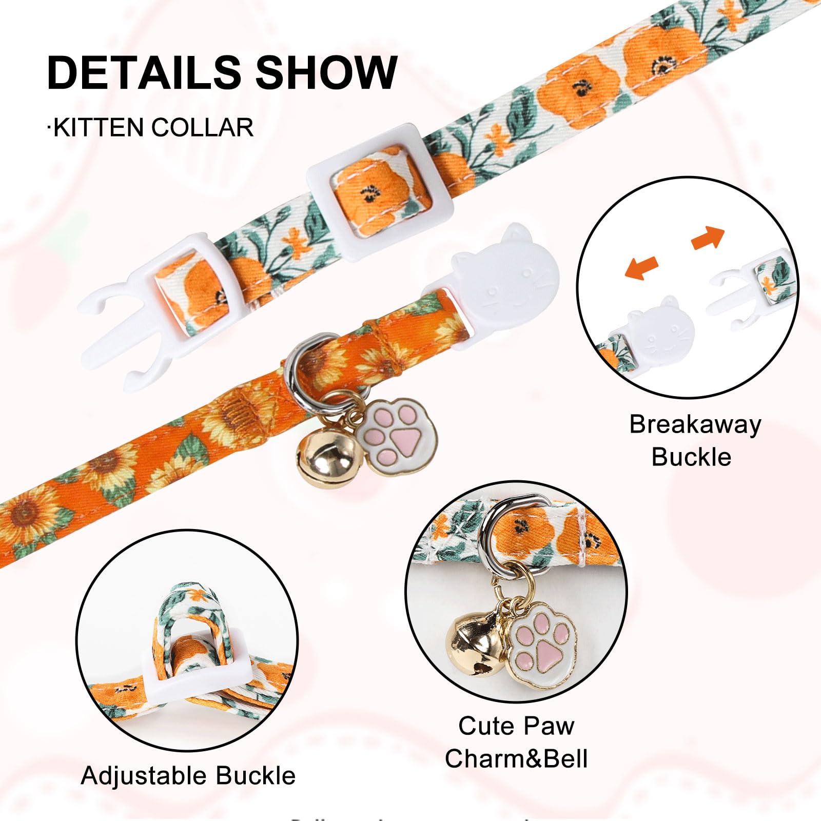 Unique Style Paws Fall Kitten Collar,2 Pack Orange Cat Collar With Sunflower Pattern,Breakaway Cat Collar With Bell,Cute Paw Pen
