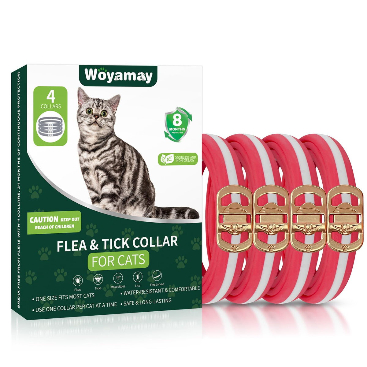 Woyamay 4 Pack Flea Collar For Cats, 32 Months Cat Flea And Tick Treatment, Flea And Tick Prevention For Cats Collar, Waterproof
