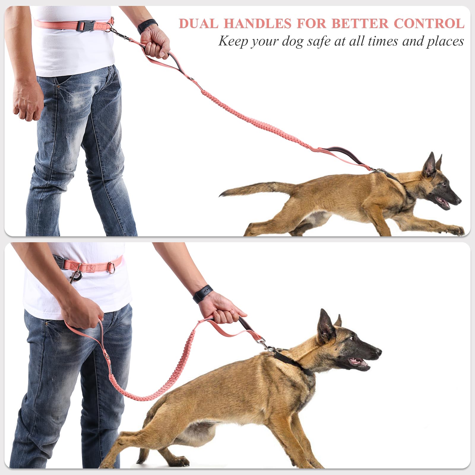 Vivaglory Hands-Free Dog Leash, Shock-Absorbing Bungee, Adjustable Waist (32½"~58"), Reflective, Pink/Grey