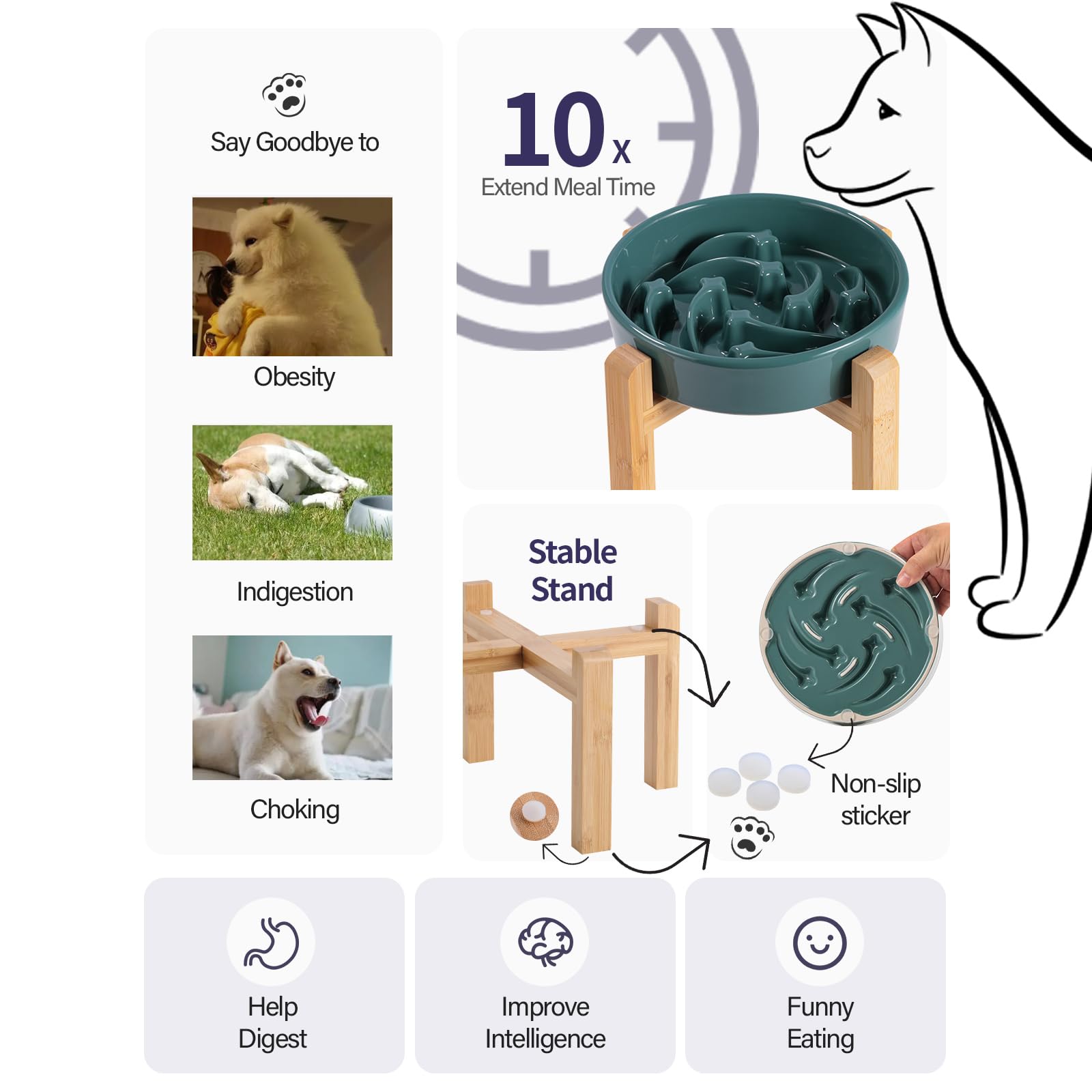 8.26 in Deep Green Dog Bowl Slow Feeder Ceramic for Medium and Large Breed,Elevated/Raised Slow Feeding Dog Food Water Dish Heav