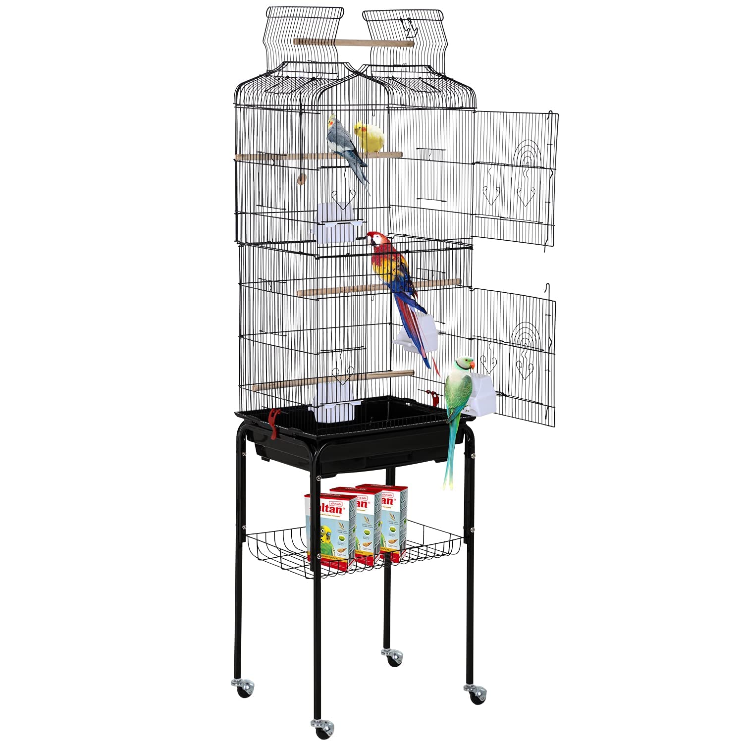 Hcy Bird Cage Parakeet 64 Inch Open Top Standing Parrot Accessories With Rolling Stand For Medium Small Cockatiel Canary Conure 