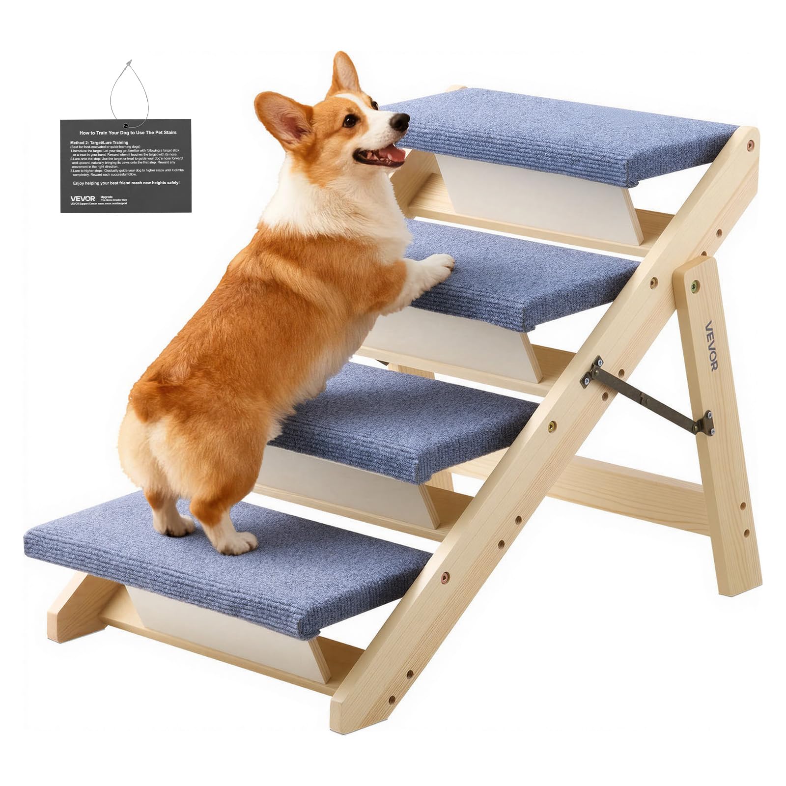 VEVOR Wood Pet Stairs, 4-Step Dog Stairs for Beds, Sofa & Cars, 150lbs Load Capacity, Floded Flat Design, Stable & Sturdy Cat & 