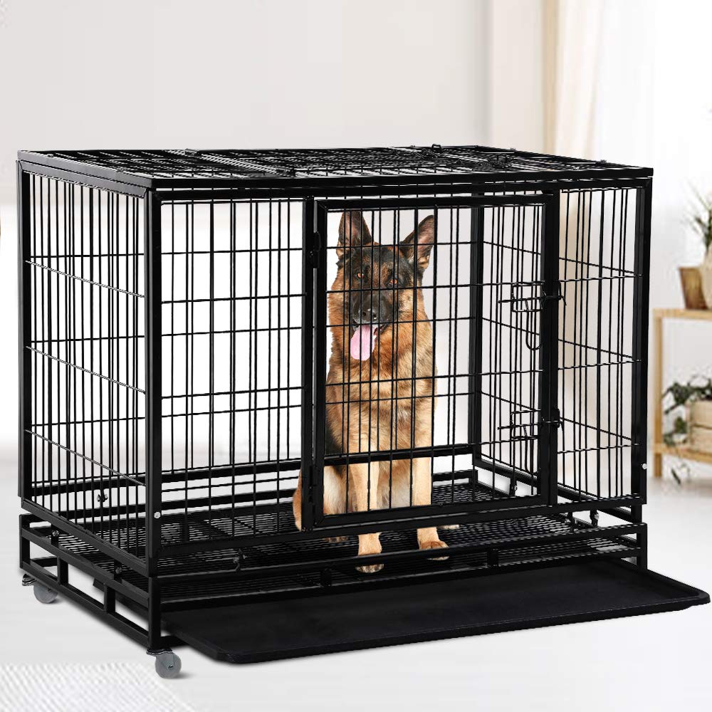 Dog Cage Crate Heavy Duty Sturdy Metal 48/42/36' Large Pet Dog Kennel Fence For Training, Indoor And Outdoor Dog Fence With Lockable Wheels And Plastic Tray And Double Door And Lock Design,Black