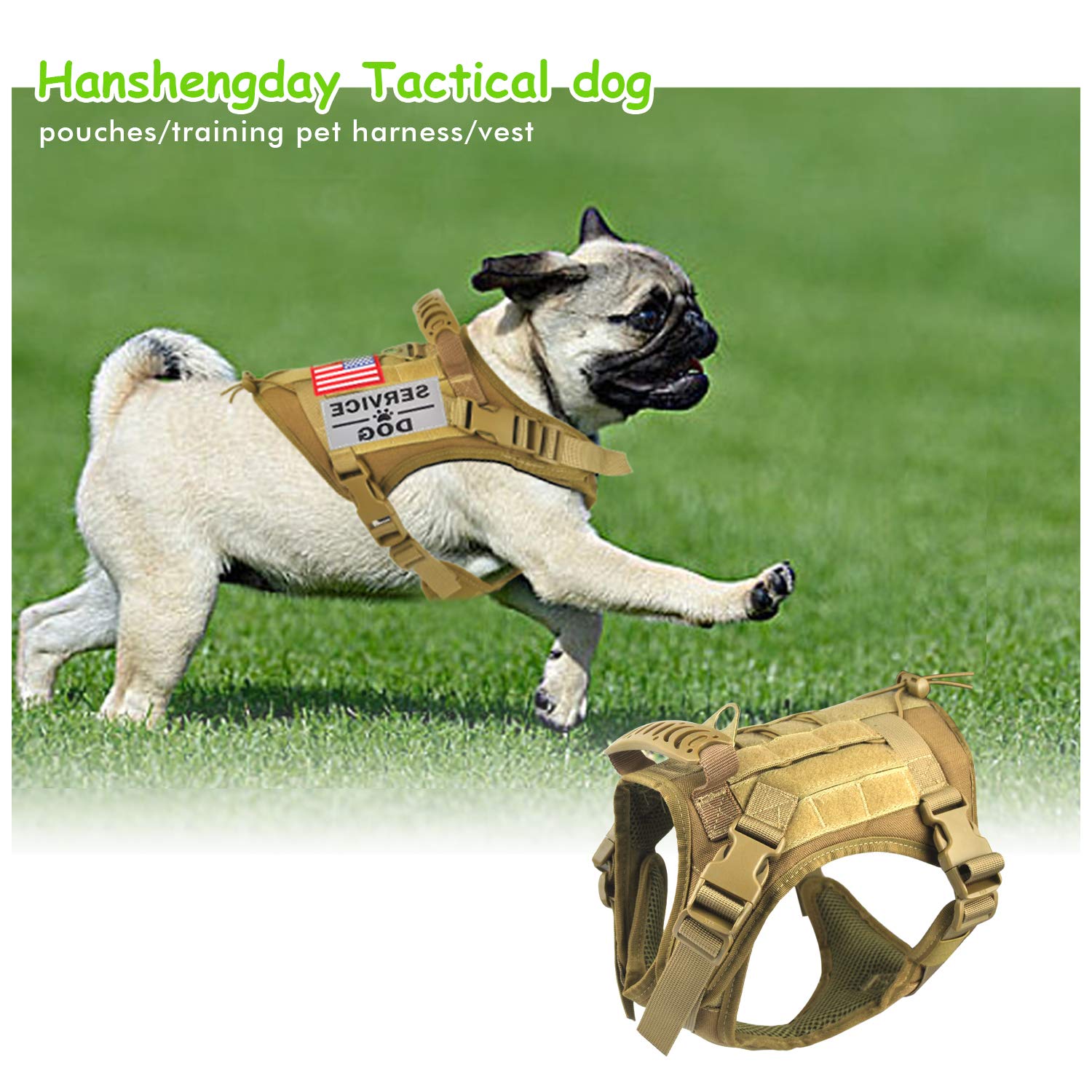 Hanshengday Tactical Service Dog Vest Harness For Medium Large Dog, Military K9 Training Dog Vest With Molle & Loop Panels Adjustable Tactical Dog Vest Harnesses With Handle (S, Khaki)