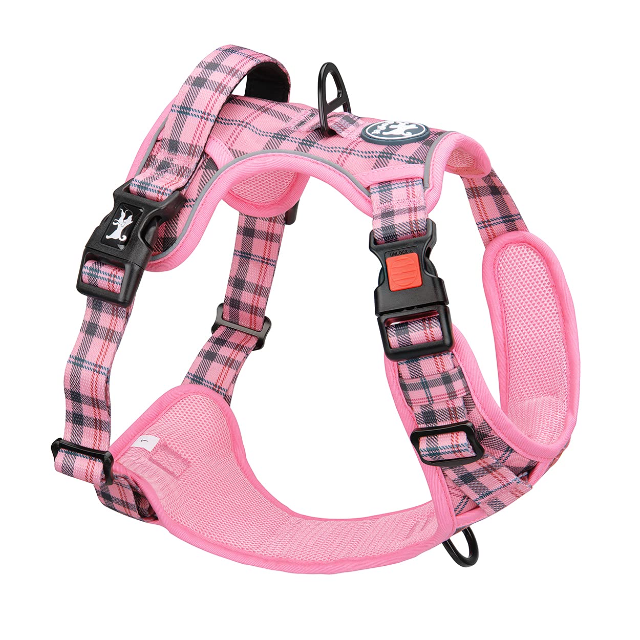 Poypet No Pull Dog Harness, [Release At Neck] Reflective Adjustable No Choke Pet Vest With Front & Back 2 Leash Attachments, Soft Control Training Handle For Small Medium Large Dogs(Checkered Pink,Xs)