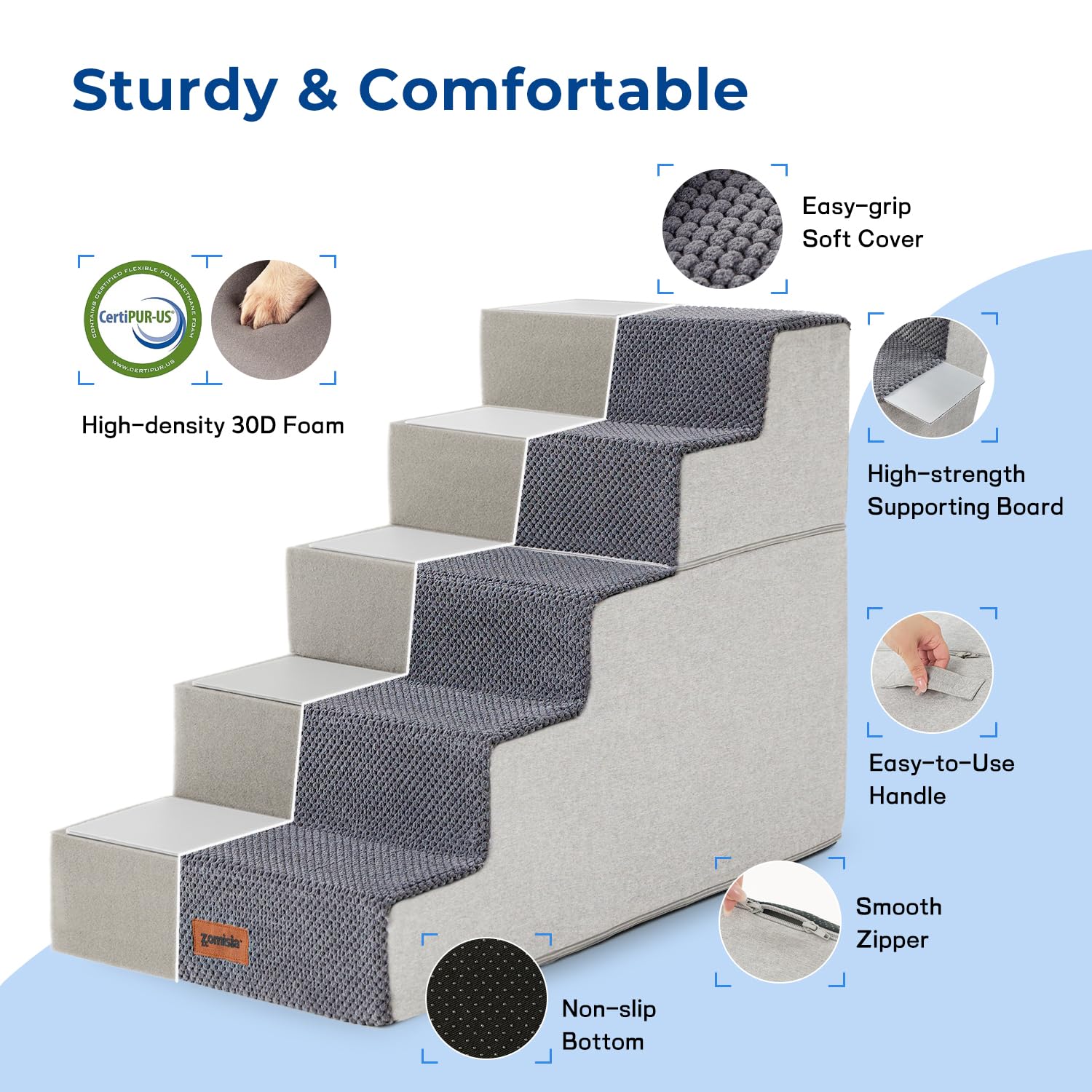 Zomisia Dog Steps For High Beds - Dog Stairs 2 In 1 With Zippers Suitable For Small Dogs, Foam Pet Stairs With Non Slip Bottom G