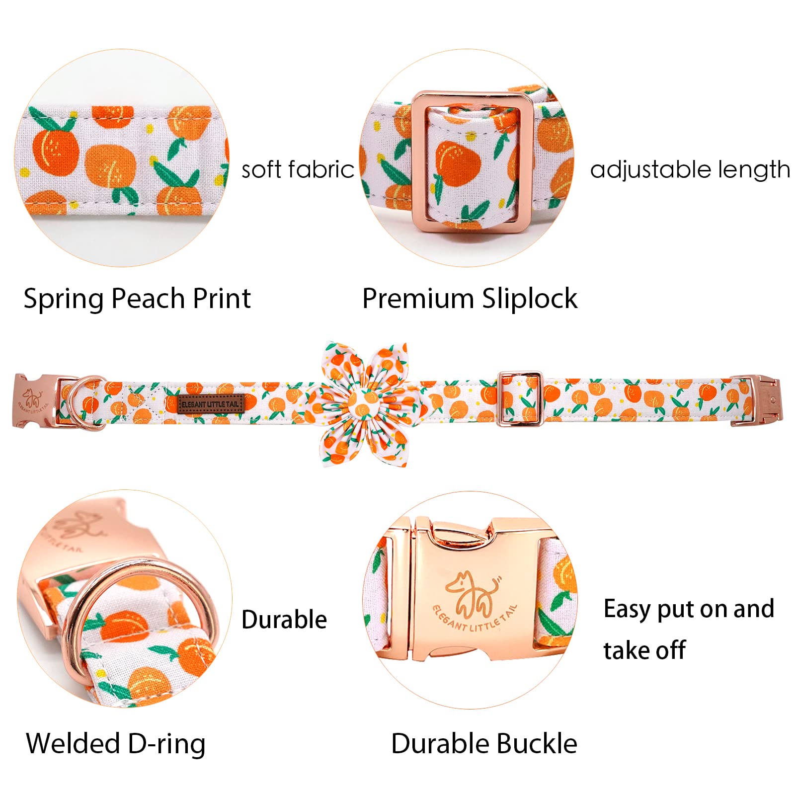 Elegant little tail Dog Collar, Adjustable Cotton Collar with Removable Flower, for Medium Dogs, 13.5-22 inches, Peach