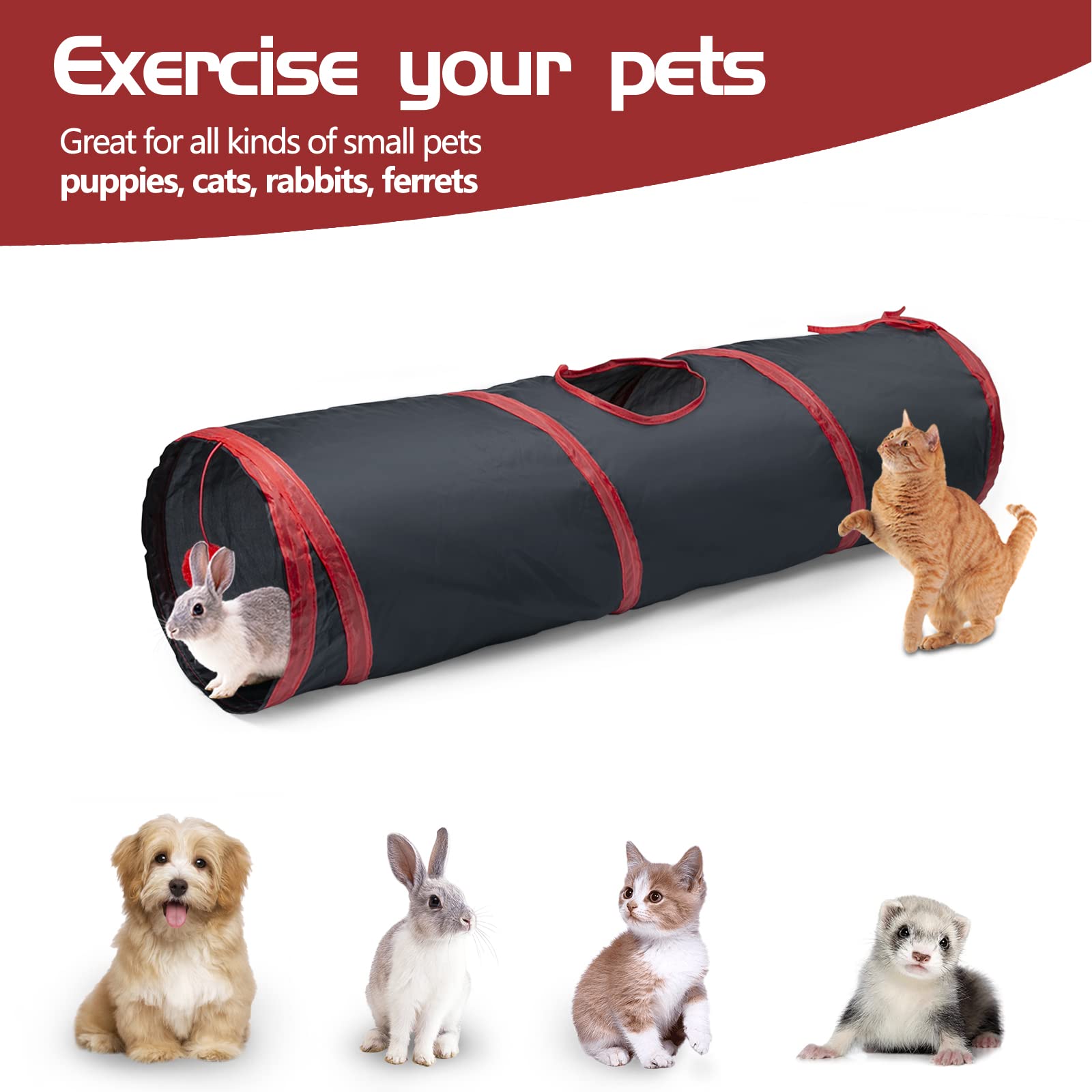Sheldamy Cat Tunnel, 2-Way Collapsible Play Tunnel, Interactive Toy Maze For Small Animals, Red & Black