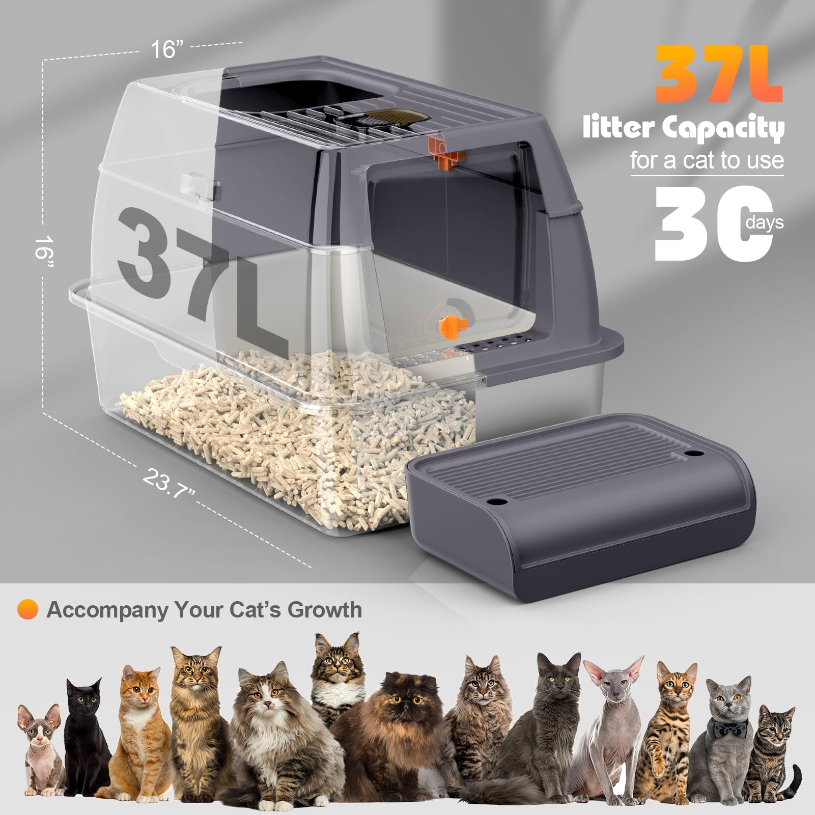 Stainless Steel Cat Litter Box With Lid & Cover, 23.7' No Smell Extra Large Metal Covered Cat Litter Box For Big Cats, Enclosed