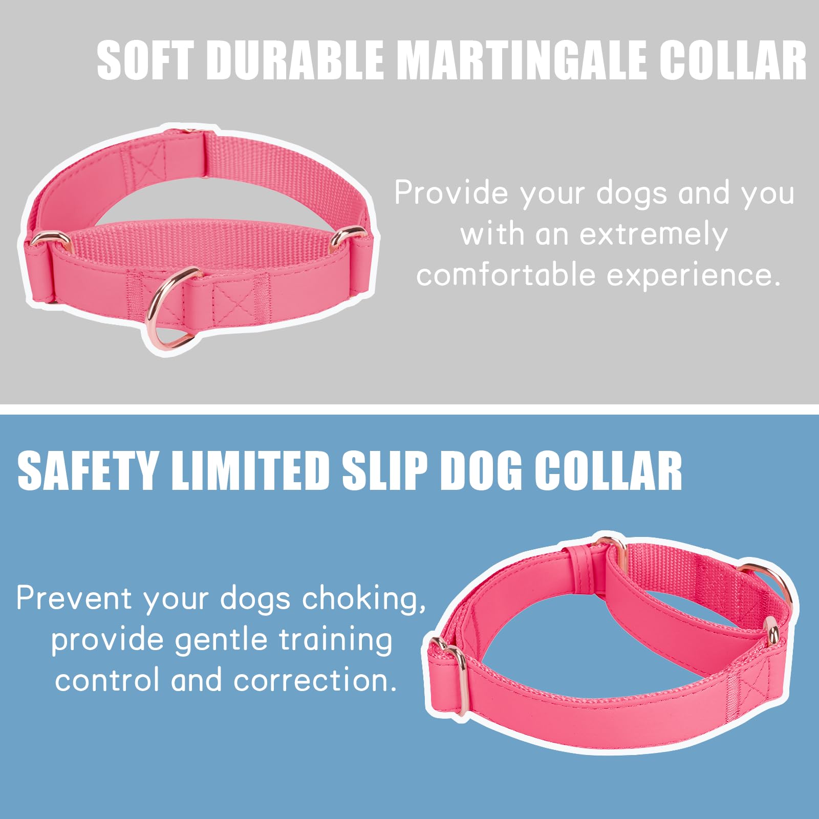 Soft Leather Martingale Dog Collar - Adjustable Rose Gold Limited Slip Collars [Easy to Clean], Stylish Durable Heavy Duty Nylon