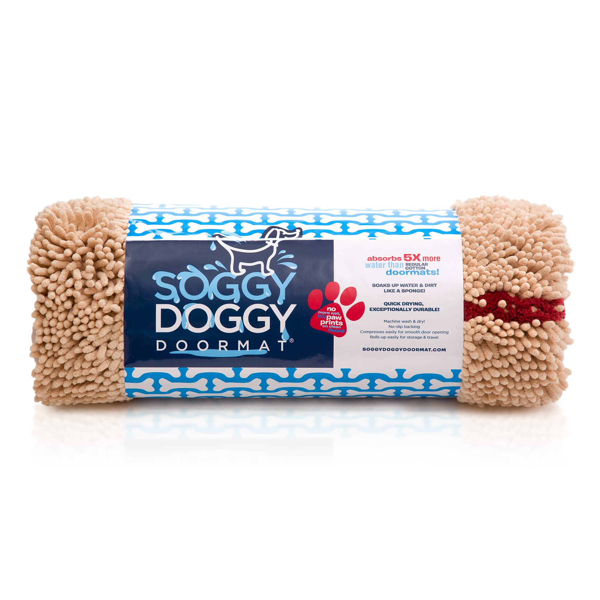 Soggy Doggy Doormat with Bone Design | Beige/Red Bone | Large 26    x 36    | Ultra Absorbent Microfiber Chenille Wet Dog Mat fo