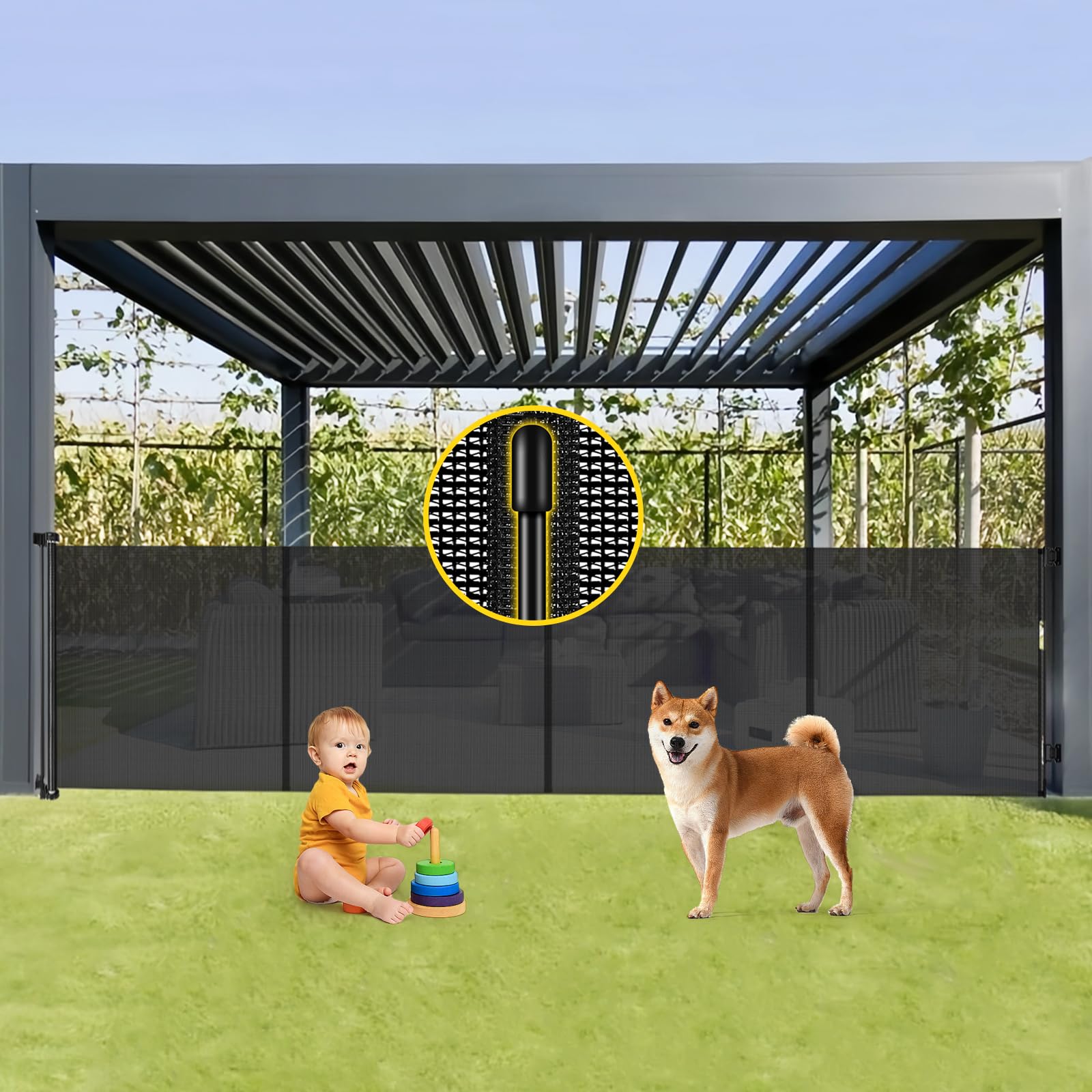 Reinforced 42    Tall x 160    Extra Wide Retractable Baby Gates with Support Rods, Outdoor Pet Gate for Wide Openings, Tall Bab