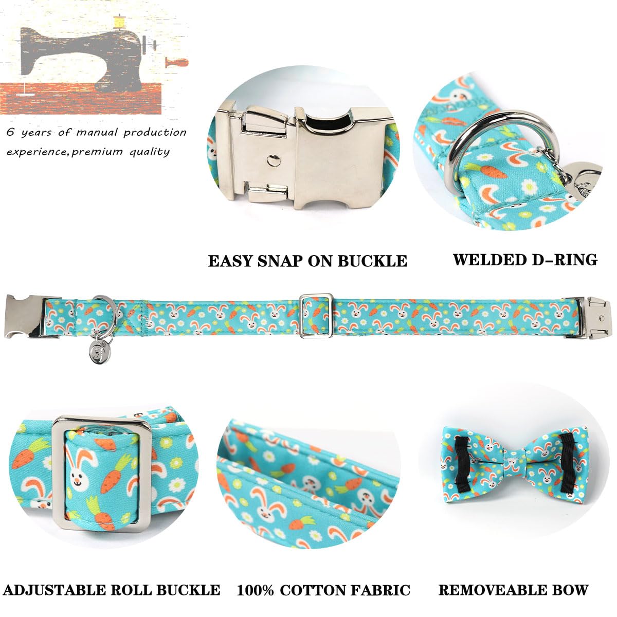 Dogwong Easter Dog Collar Rabbit Dog Collar With Bow Adjustable Bowtie Blue Bunny Dog Collars For Small Medium Large Dogs