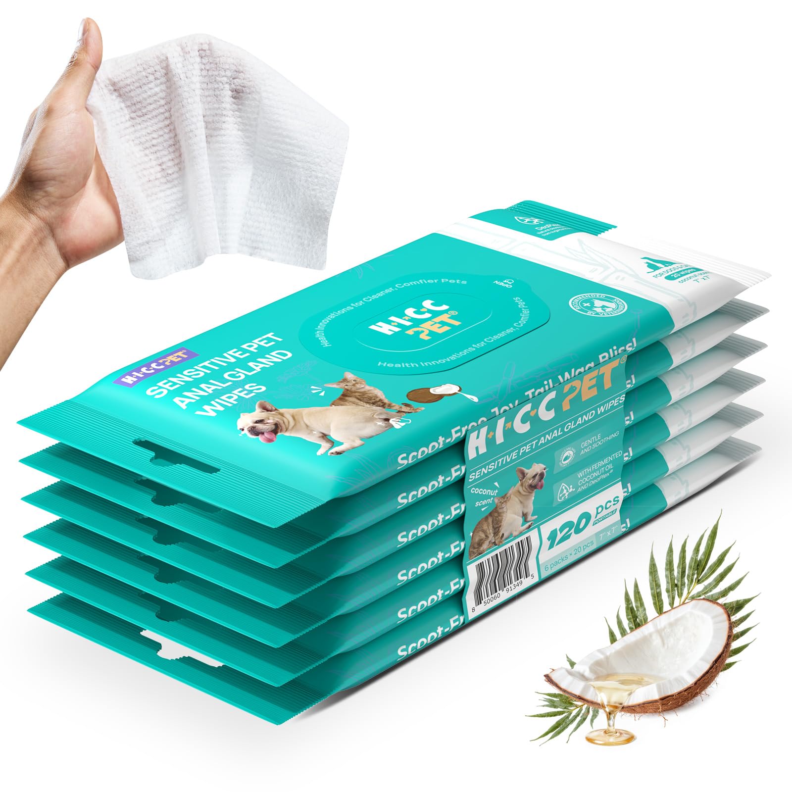 Hicc Pet Wipes For Dogs & Cats, Cleansing Deodorizing & Soothing Allergy Infections Anal Gland Pets Wipes With Coconut Oil - Dog
