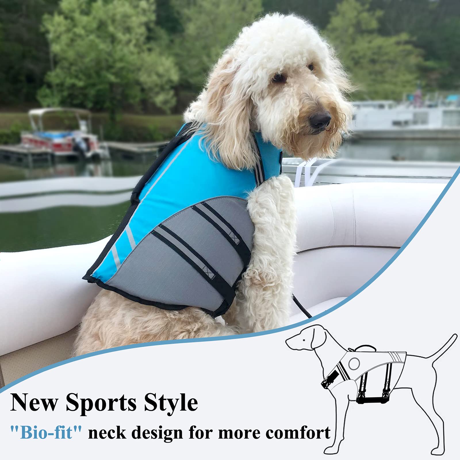 Vivaglory Sports Style Dog Life Jacket With Adjustable & Durable, Extra Flotation Swim Life Vest With Secure Fastening System For Medium Dogs, Blue