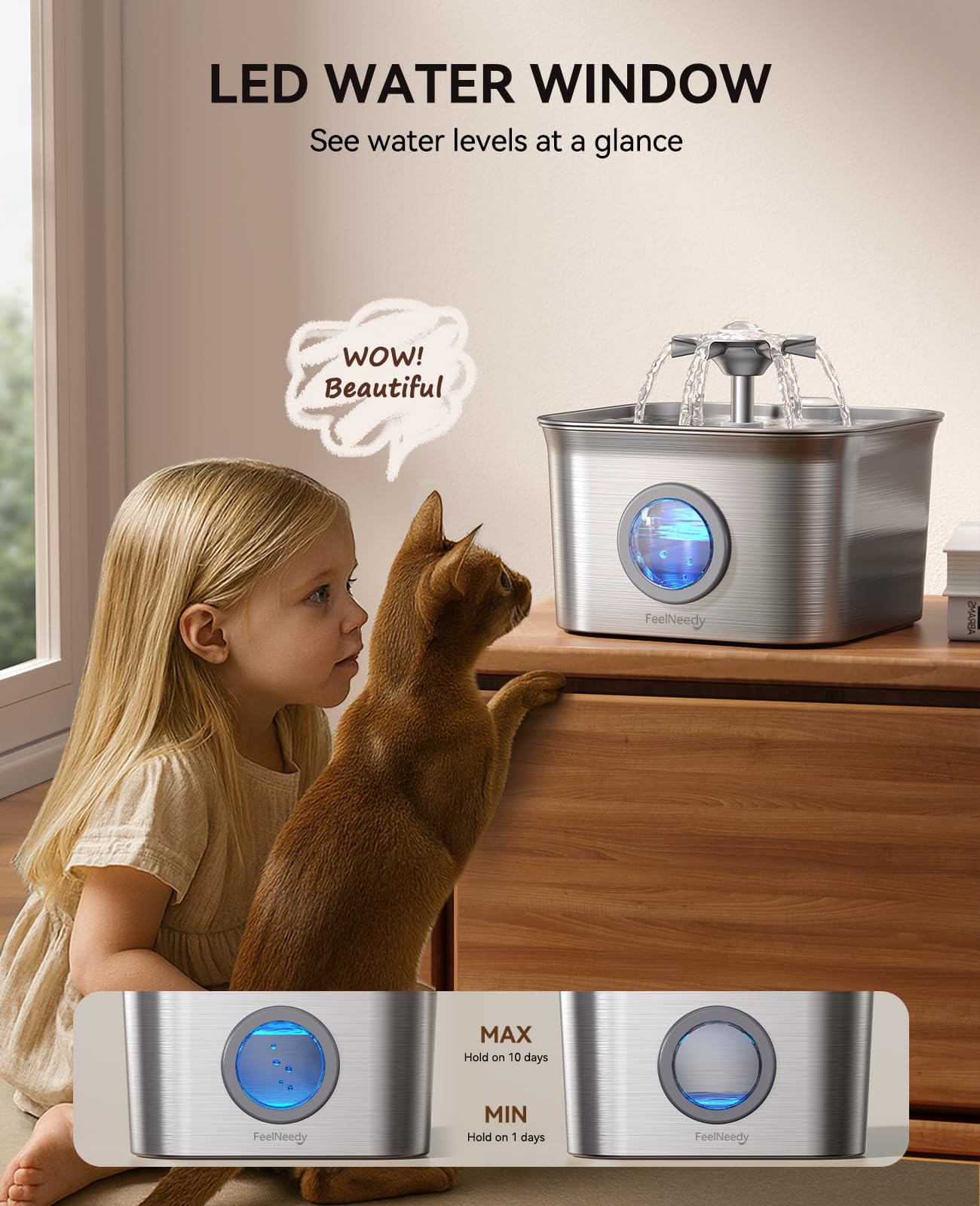 Stainless Steel Cat Water Fountain for Drinking with 3 Filters, 2.8L Auto Pet Drinking Fountain for Cats with 20dB Ultra-Quiet P