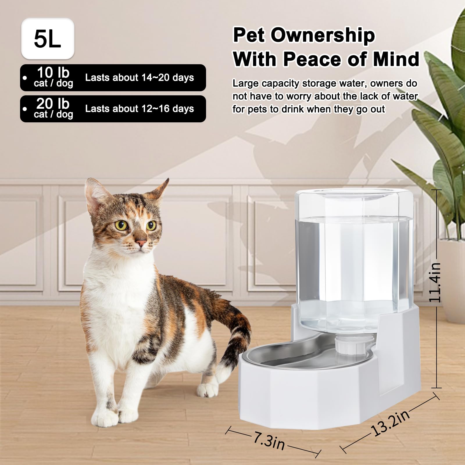 RIZZARI Automatic 5L Gravity Stainless Steel Pet Waterer, Fortunate Angular Water Feeder with Edges, Safe and Large Capacity, Suitable for Small and Medium-Sized Cats and Dogs (5L Without Filter) -Like New