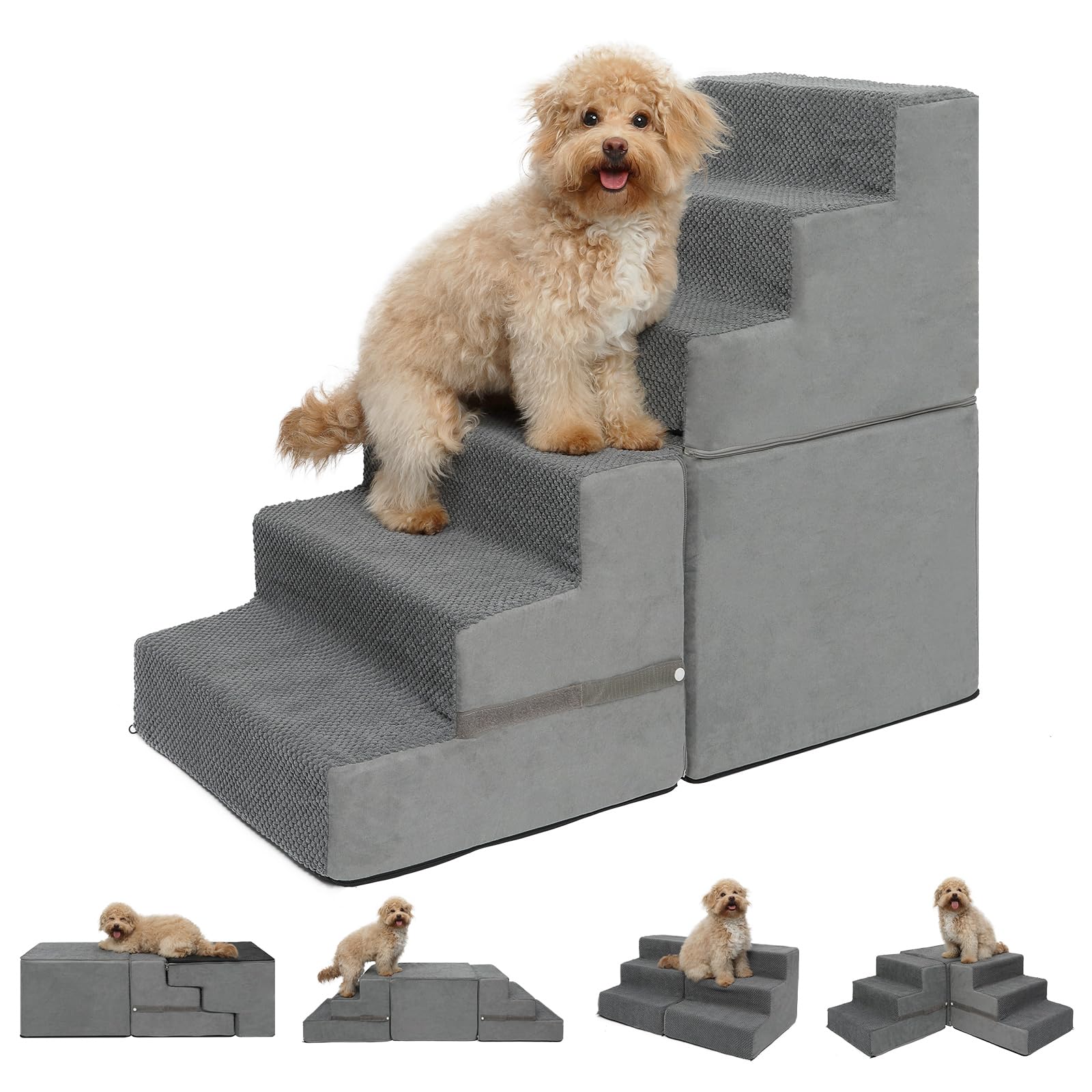 Dog Stairs for Small Dogs, 6-Step Dog Steps for High Bed, High-Density Foam Pet Stairs with Non-Slip Removable Washable Cover to
