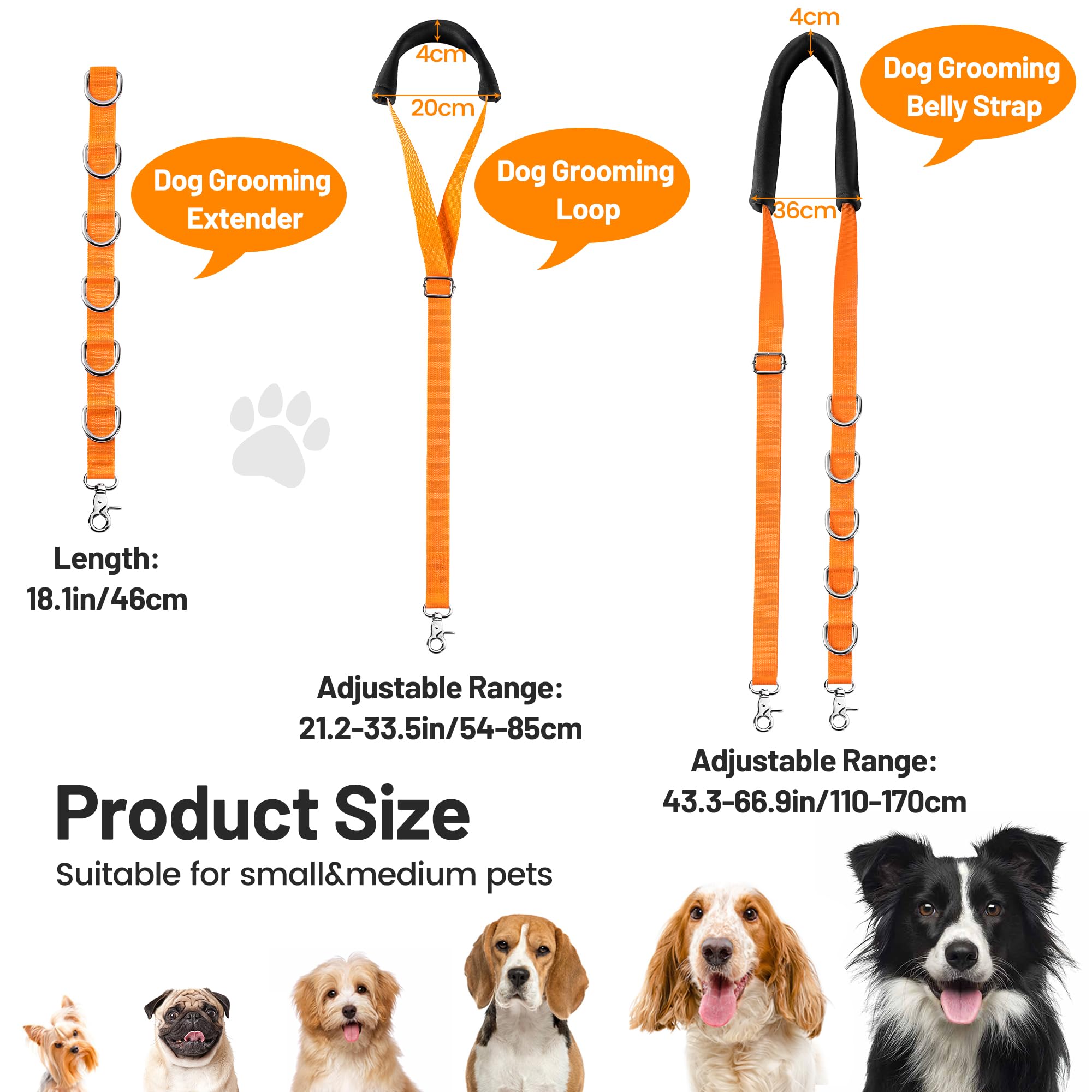 Uni PNR Dog Grooming Belly Strap - No Sit Haunch Holder for Small & Medium Dogs, Orange, Table Arm Extender with Clamp, Bathing Restraint Leash
