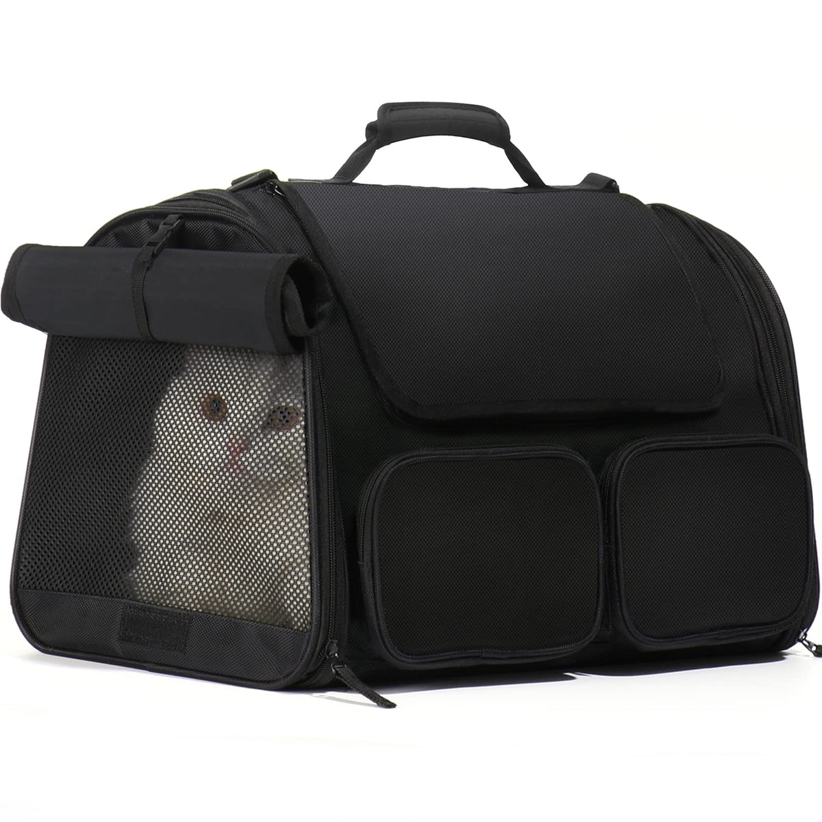 Fukumaru Cat Carrier, 4 Mesh Windows Small Dog Carrier, 4 Storage Pockets Cat Travel Bag, Under 44 Lb Airline Approved Pet Carrier, Rollable Cover For Nervous Cats, Black