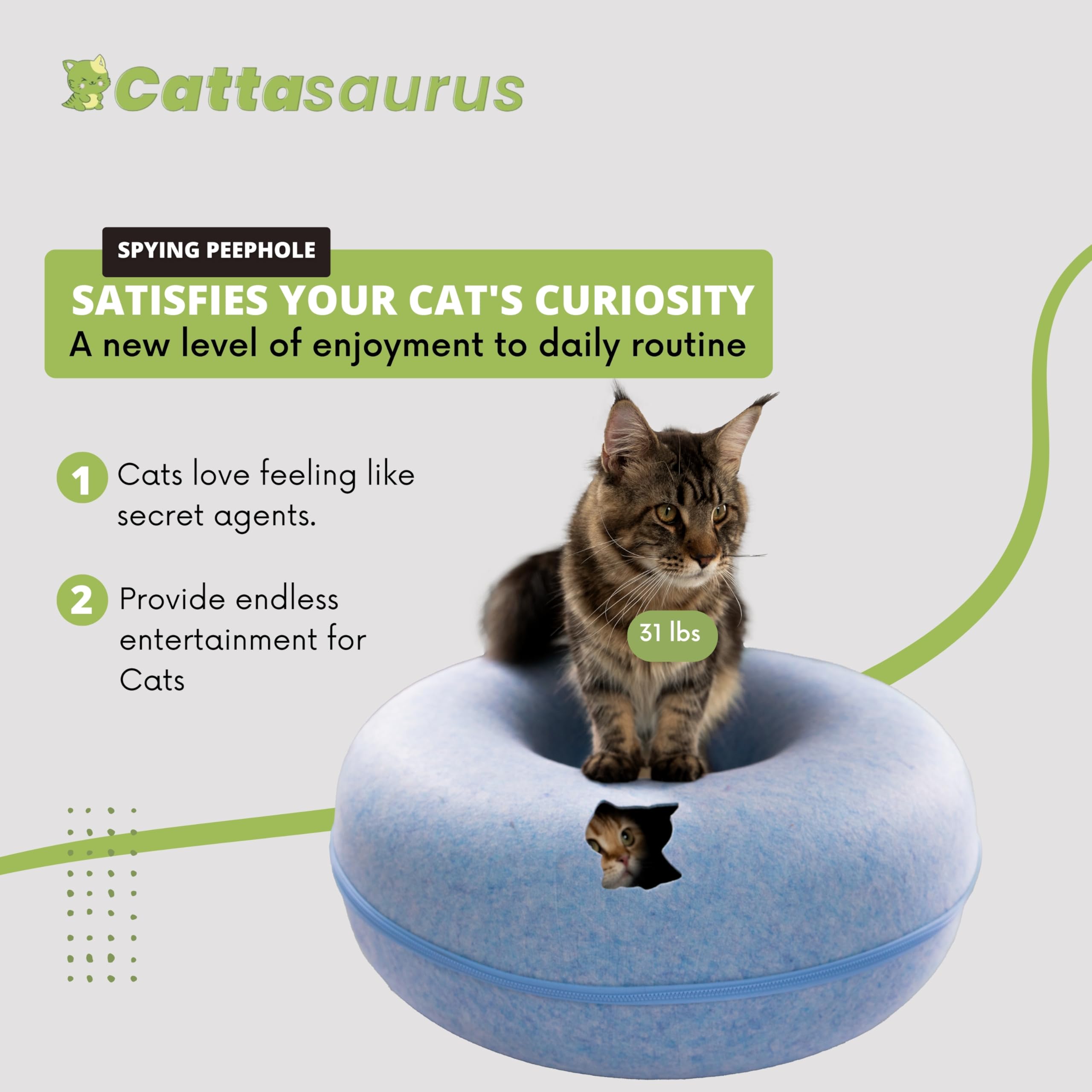Cattasaurus Peekaboo Cat Cave Donut for Multiple & Large Cats up to 30-45 lbs, 3-in-1 Self Warming Cat Bed, Tunnel & Scratcher f