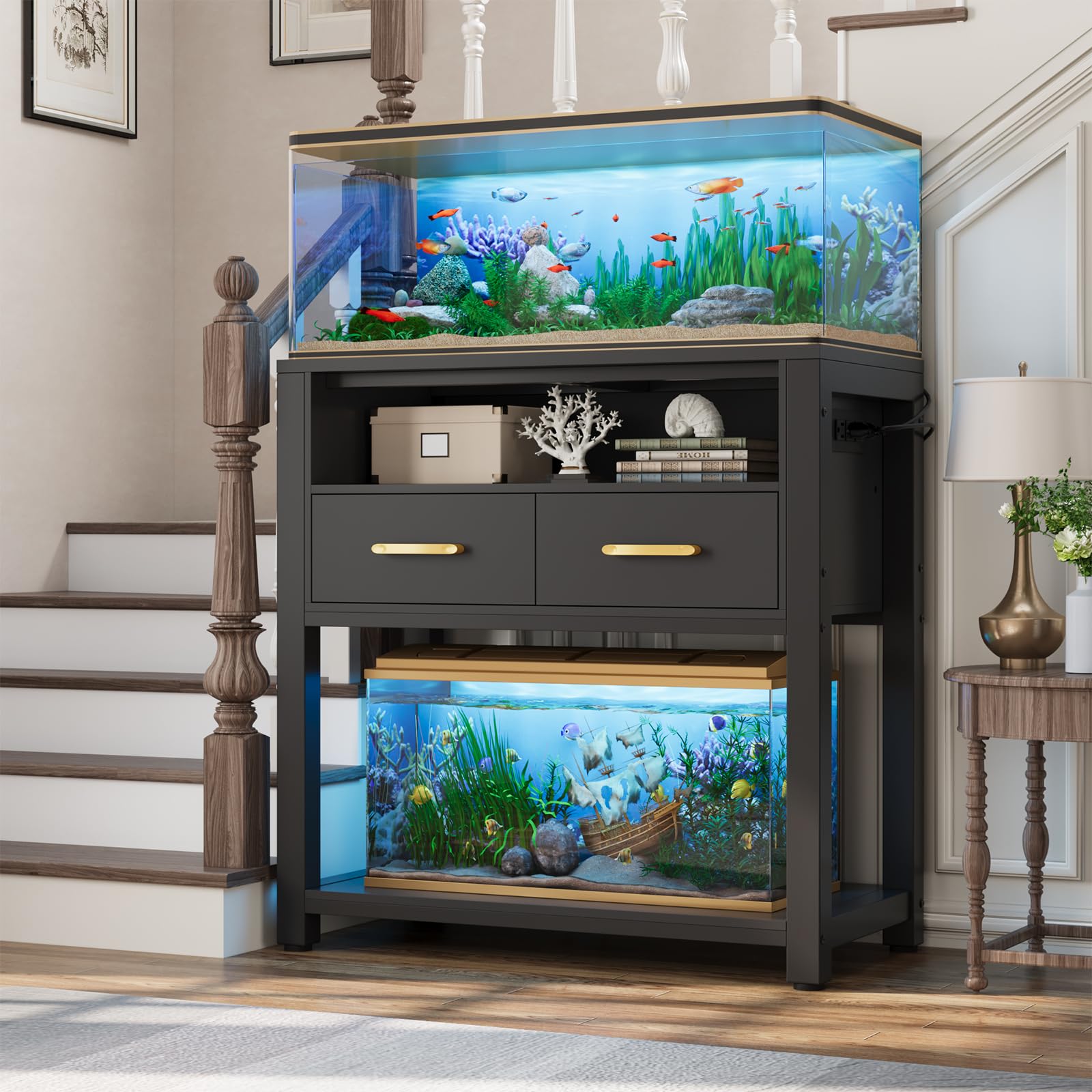 EOSVALO 20-29 Gallon Aquarium Stand with Stable Metal Frame & Power Outlet, Heavy-Duty Fish Tank Stand with Waterproof Mat, 550L
