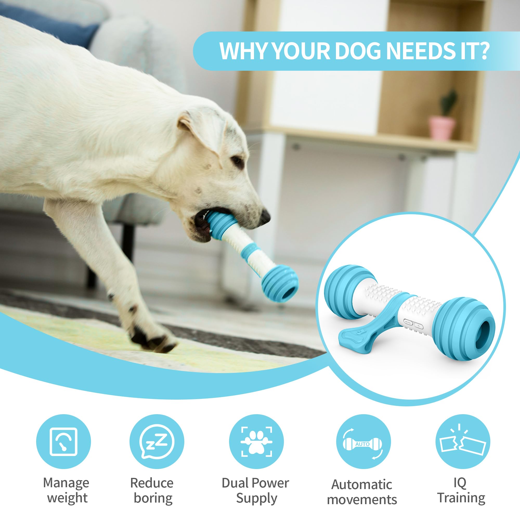 PETGEEK Interactive Dog Toy - Motion Activated USB Rechargeable Dog Bone for Medium Large Dogs - Blue Automatic Toy for Boredom Relief