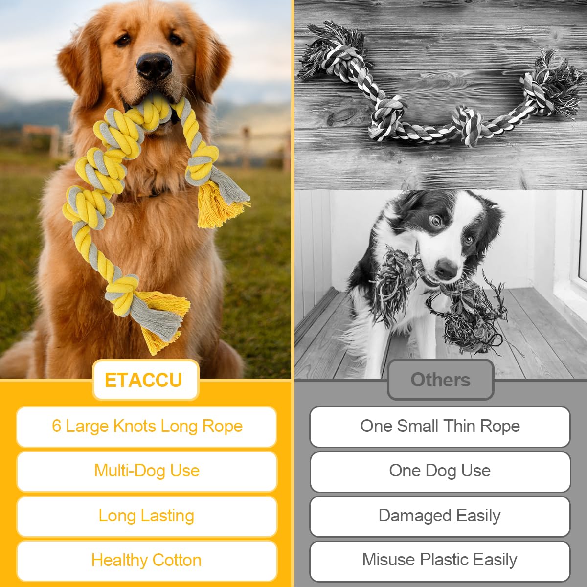 ETACCU Dog Rope Toys for Large & Medium Dogs, 2 Pack 22 Inch Tug of War Dog Toy for Aggressive Chewers, 100% Cotton Rope Dog Toy