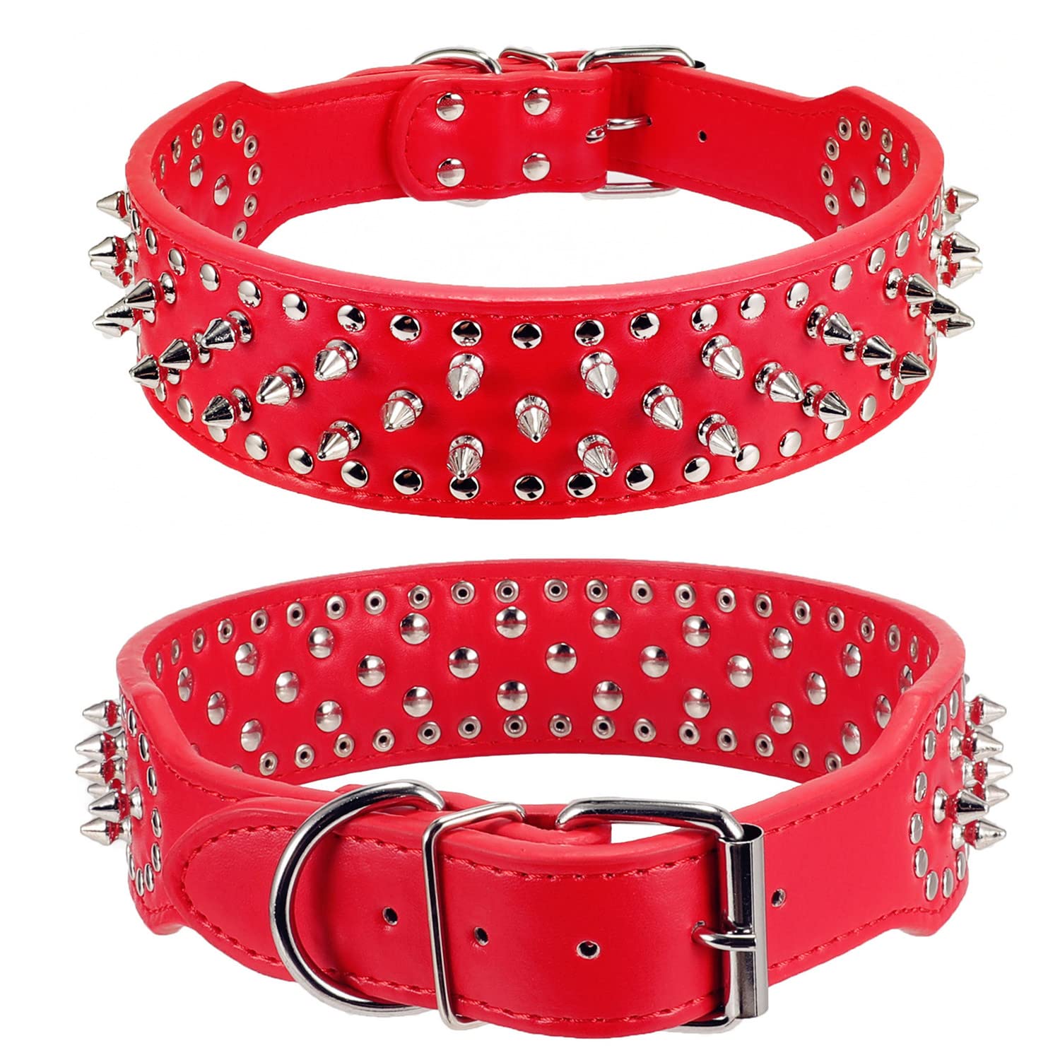 Btdcfy Hoot Pu Leather Adjustable Spiked Studded Dog Collar 2'' Wide 37 Spikes (M(Neck 19''-22''), Red)