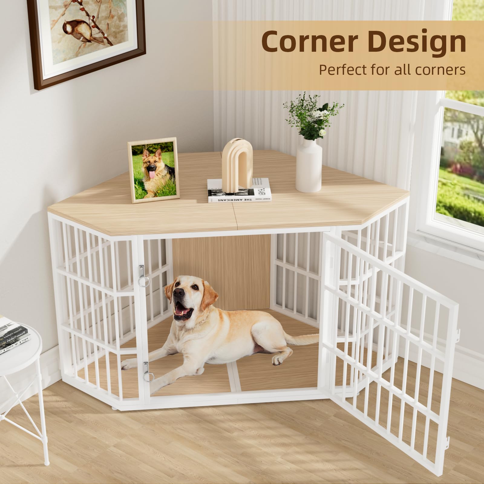 VOWNER 52 Inch Dog Crate Furniture Corner, Wooden Dog Kennel Furniture, End Table Dog Crate for Large Dogs, Indoor Pet Crates Co