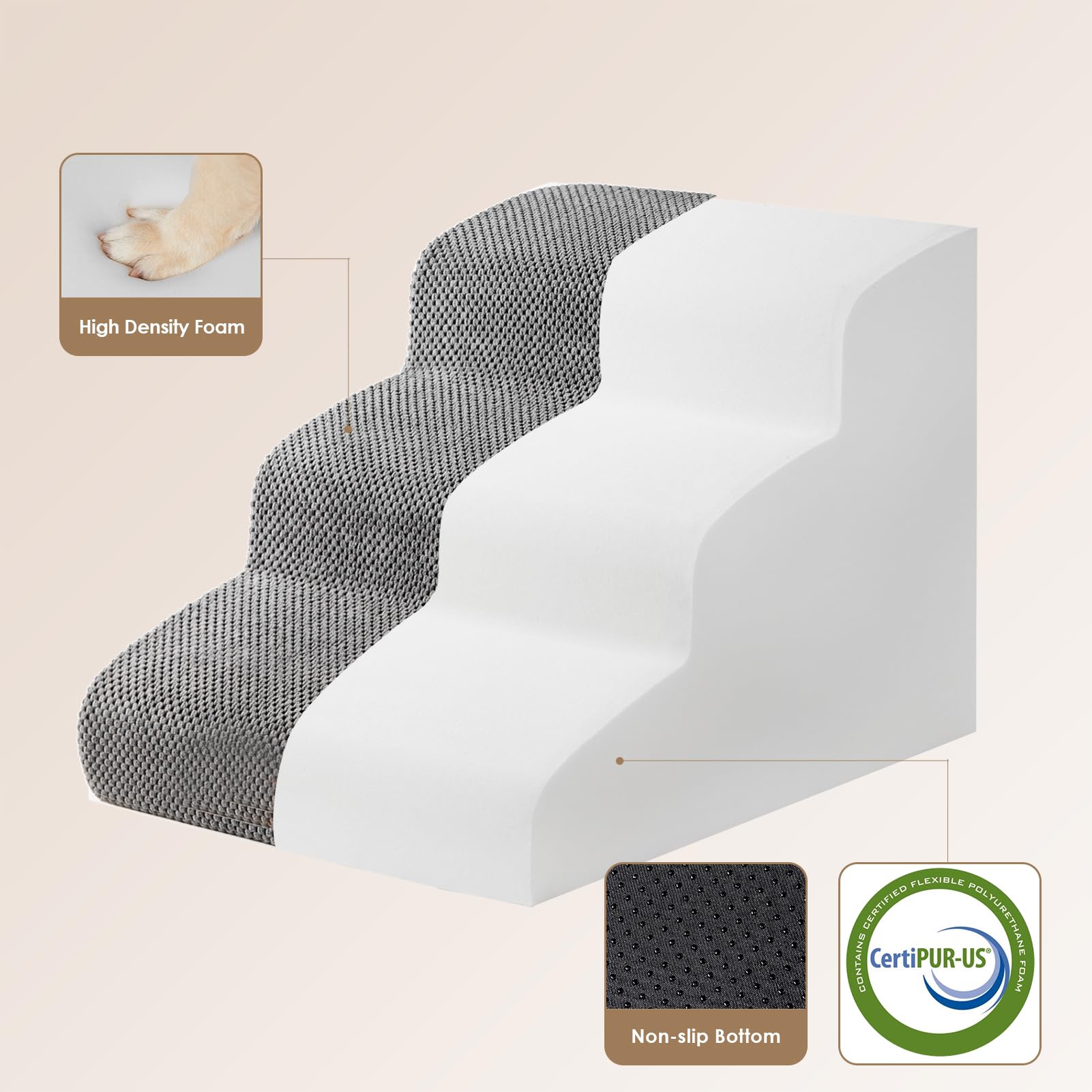 Eheyciga Curved Dog Stairs Ramp For Small Dogs 15.7' H, 3-Step Dog Steps For Couch Sofa And Chair, Pet Stairs For Cats, Non-Slip Balanced Pet Steps Indoor, Grey