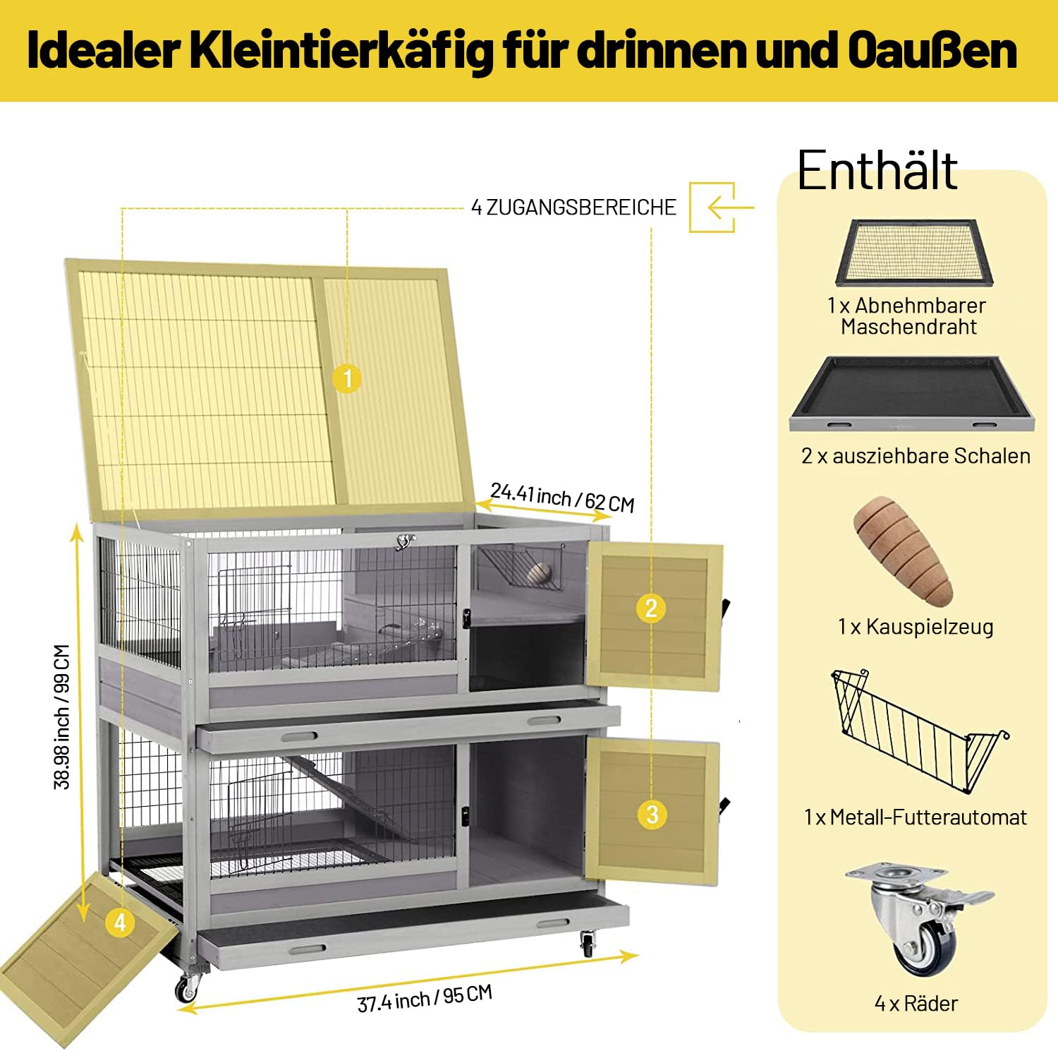 Aivituvin Rabbit Hutch Rabbit Cage Outdoor & Indoor On Wheels Bunny Cage With Deep No Leak Pull Out Tray,Upgrade Version (Gray)
