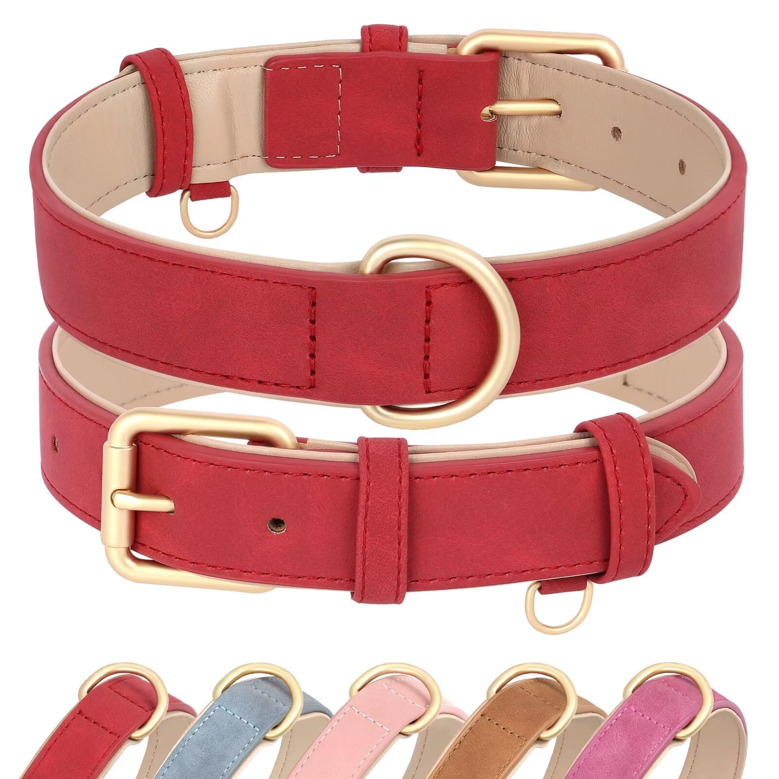 Didog Soft Padded Leather Dog Collar, Adjustable Dog Collars For Medium Dogs With Heavy Duty Metal Buckle And D Ring,Red,M