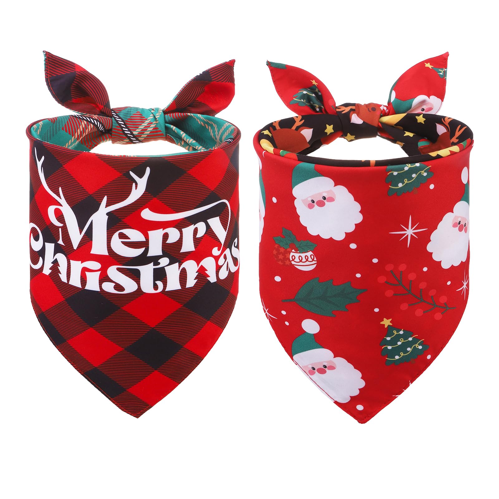 Scenereal Christmas Dog Bandanas 2 Pack, Puppy Xmas Santa Claus Elk Triangle Bibs Handkerchief, Reversible Holiday Dog Bandana F