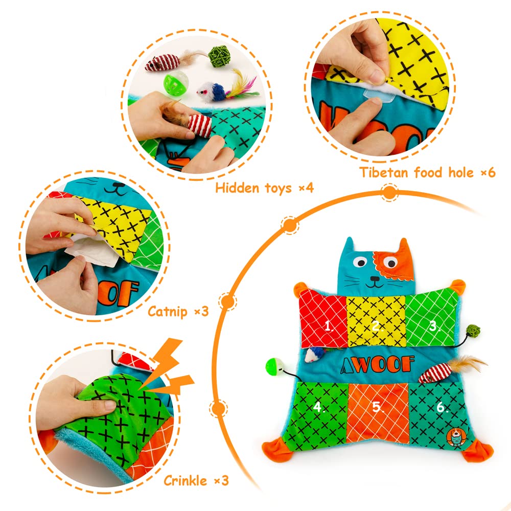 Awoof Cat Mat, Cute Soft Catnip Mat, Cat Activity Mat Machine Washable Catnip Toys Interactive Cat Toys For Indoor Cats, Self-Warming Crinkle Mat Cat Blanket For Small Medium Large Cats With 7 Pockets