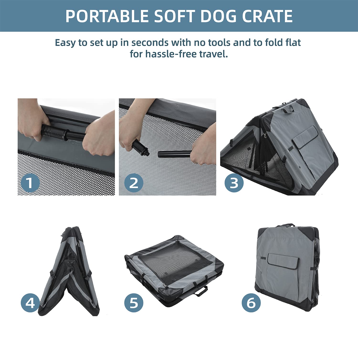 Pettycare 30 Collapsible Dog Crate for Medium Dogs - 4-Door Soft Kennel with Chew-Proof Mesh Windows, Grey Indoor & Outdoor Use