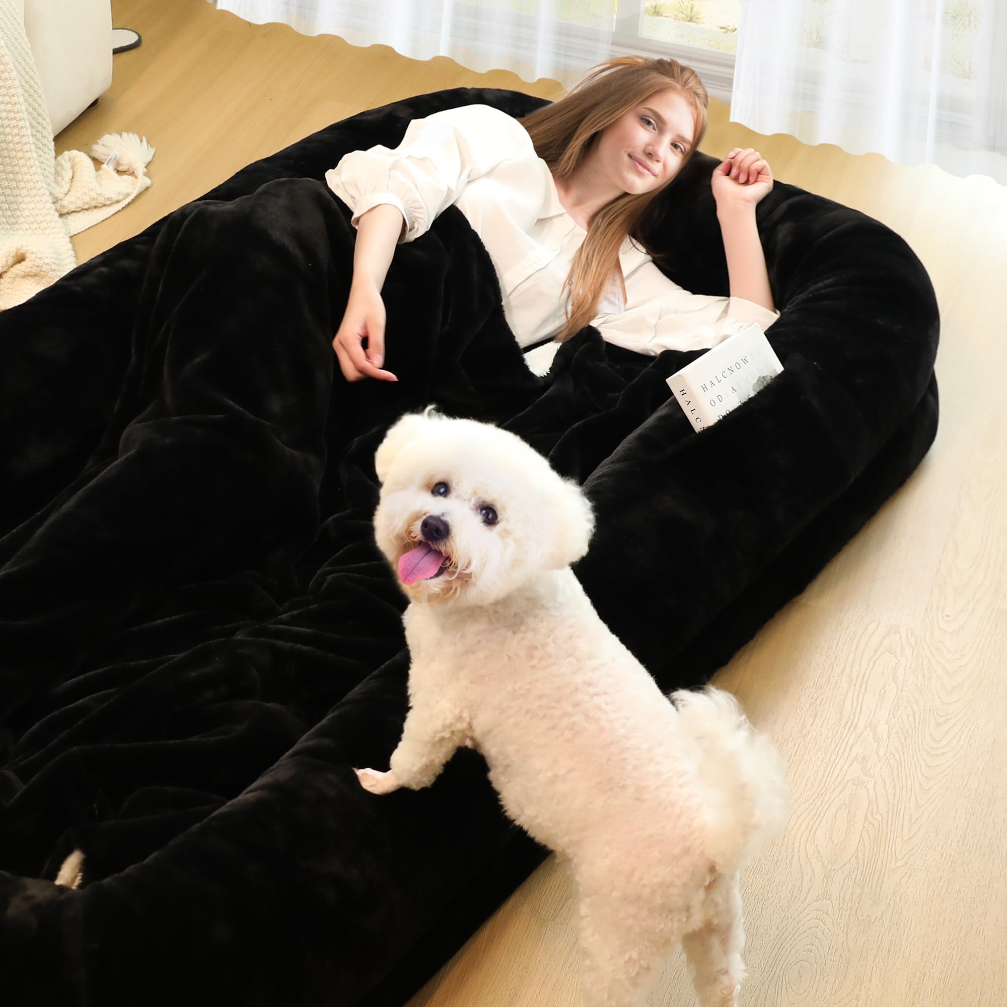 Murago Human Dog Bed For Adults, 40 X 10 X 71 Long Human Size Dog Bed, Removable Cover, Orthopedic Design, Black