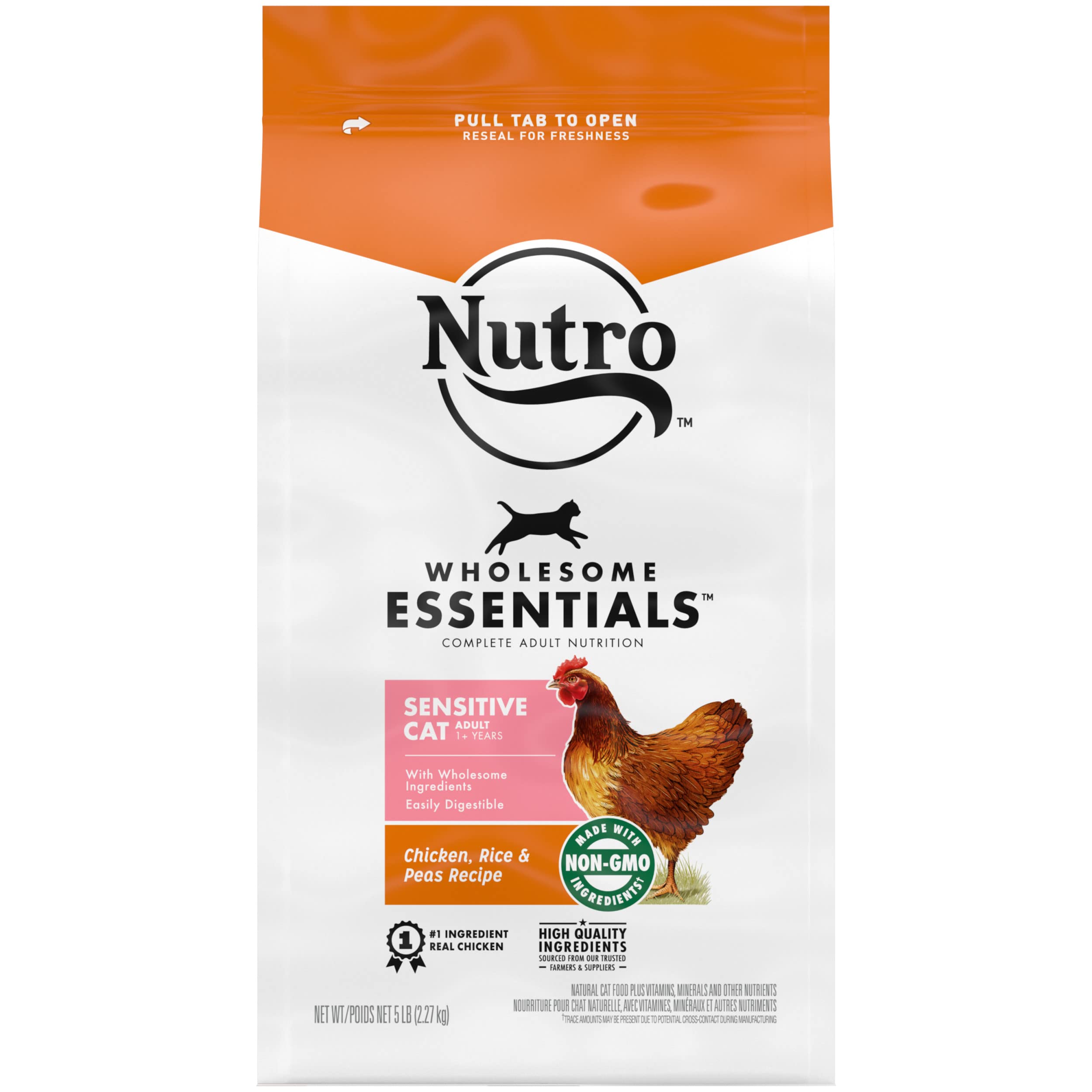 Nutro Wholesome Essentials Dry Cat Food, Enhanced Care Sensitive, Chicken, Rice & Peas, 5 lb. Bag