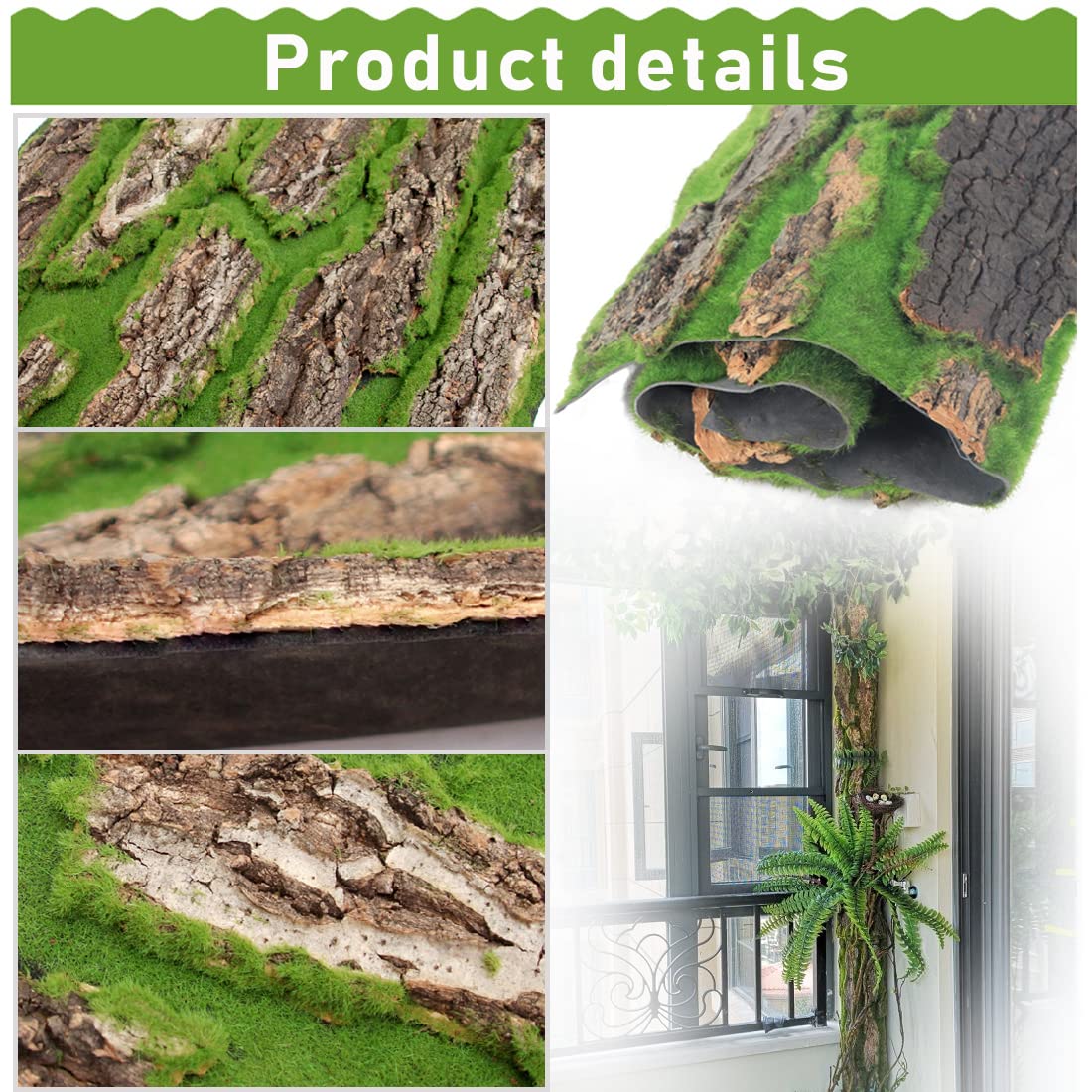 Pinvnby Reptile Terrarium Cork Background, Bearded Dragon Tank Bark Backdrop Wall Decor With Artificial Moss For Gecko Lizard Tortoise Frog Chameleon(4 Pack)