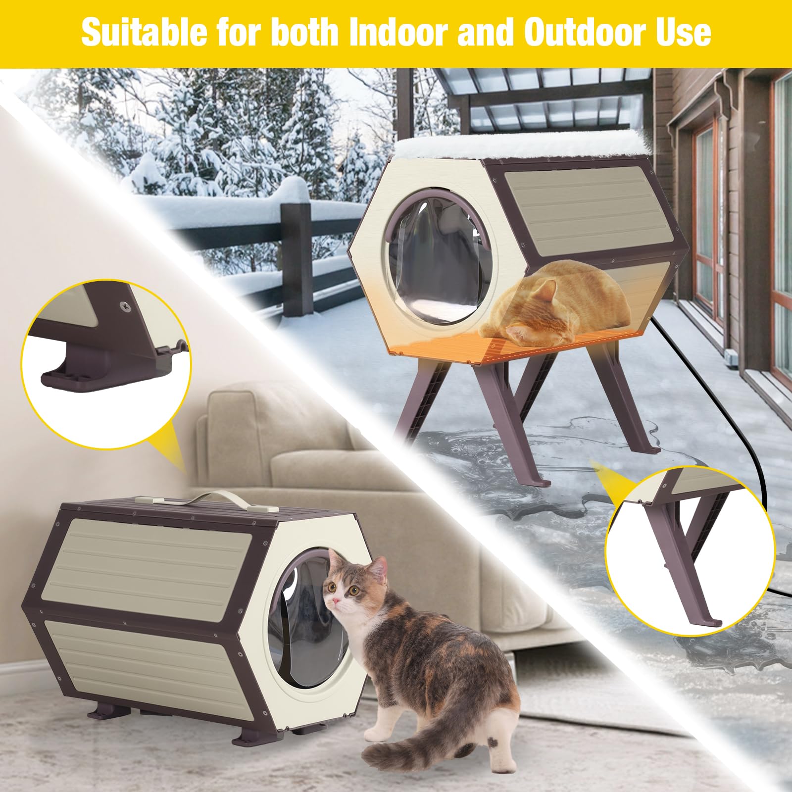 Heated Cat House For Outdoor Winter,Combined Cat Condo With Adjustable Temperature And Time, Insulated Outdoor Or Indoor Cat She