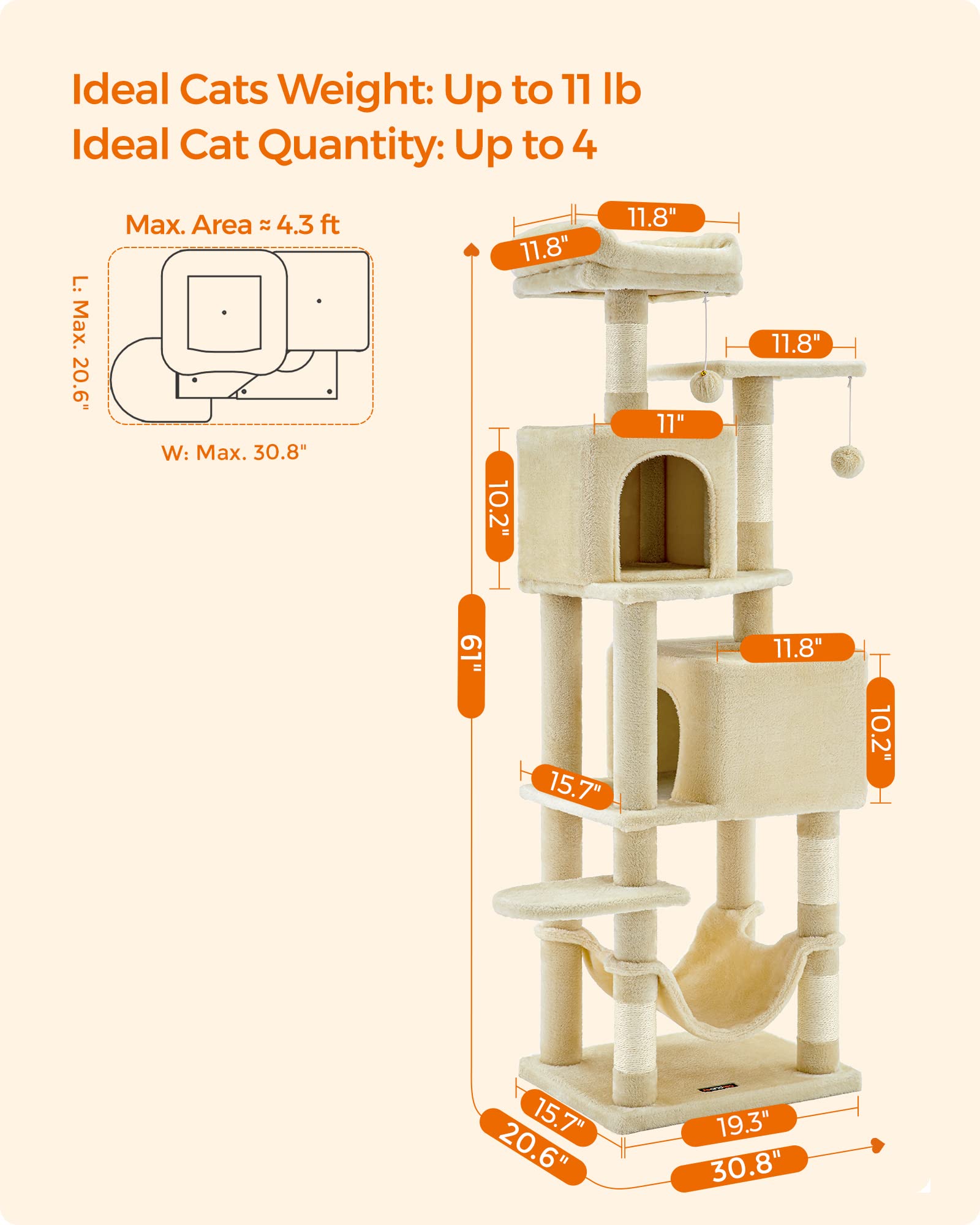 Feandrea Cat Tree, 61-Inch Cat Tower For Indoor Cats, Plush Multi-Level Cat Condo With 5 Scratching Posts, 2 Perches, 2 Caves, Hammock, 2 Pompoms, Beige Upct192M01