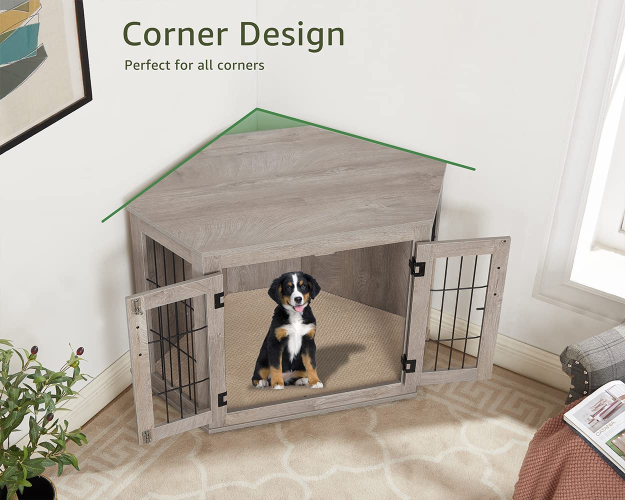 beeNbkks Furniture Corner Dog Crate/Kennel Wooden End Table with Cushion, Indoor Pet Crate Side Table for Small Medium Dogs Pupp