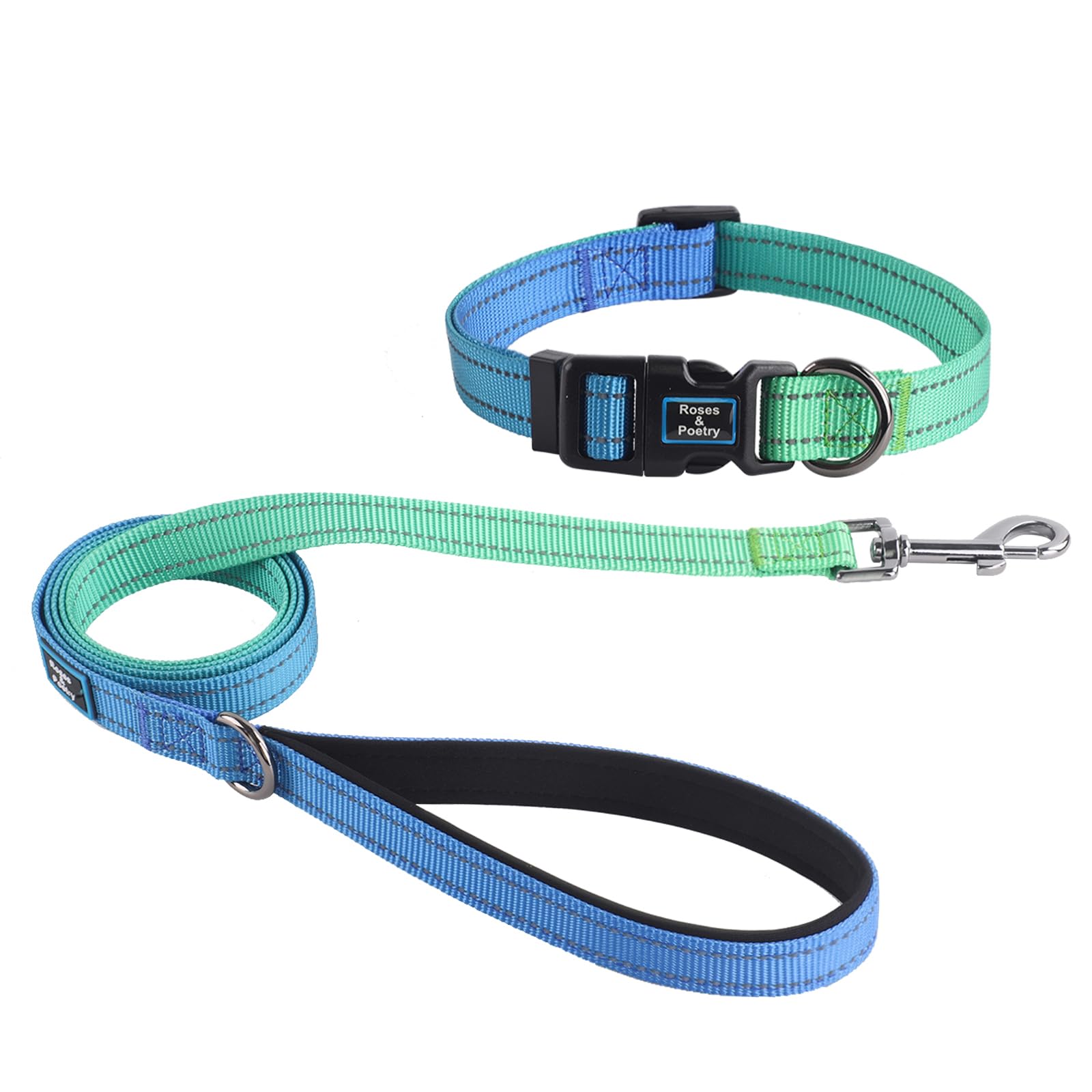 Roses&Poetry Bluegreen Medium Dog Collar And Leash Set, Puppy Reflective Leashes With Collars, Adjustable Durable Matching Colla