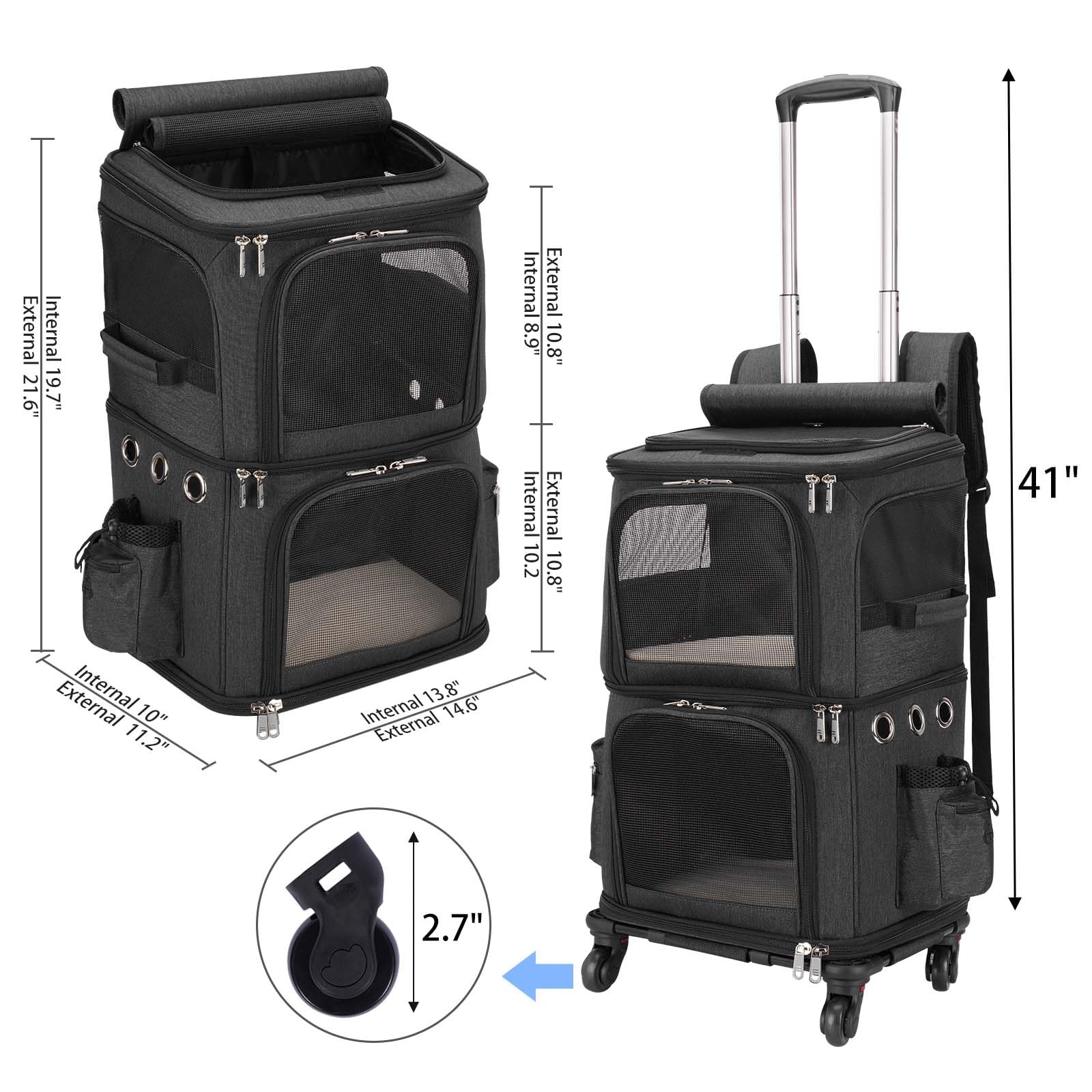 Hovono Double-Compartment Pet Carrier Backpack With Wheels For Small Cats And Dogs, Cat Rolling Carrier For 2 Cats, Perfect For Traveling/Taking A Walk/Trips To The Vet, Black