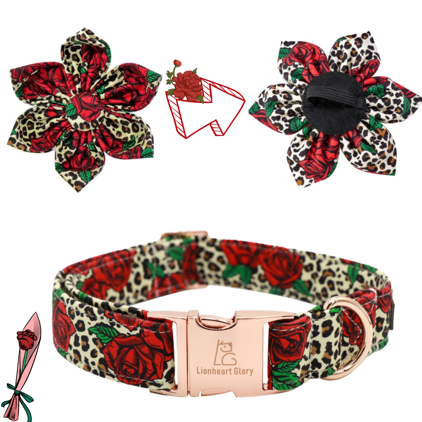 Lionheart Glory Dog Collar, Red Rose Dog Collar With Flower, Cute Floral Pattern Pet Collar Adjustable Dog Collar For Small Dogs