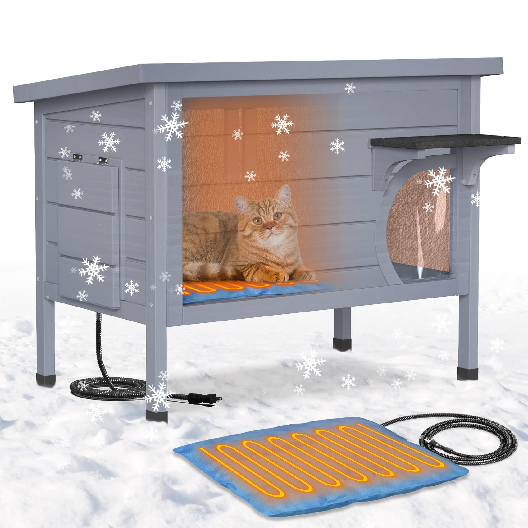 PETIMBER Outdoor Cat House - Heated Cat House for Outside, Wooden Insulated Cat Houses Outdoor, Winter Warm Cat Home Weatherproo