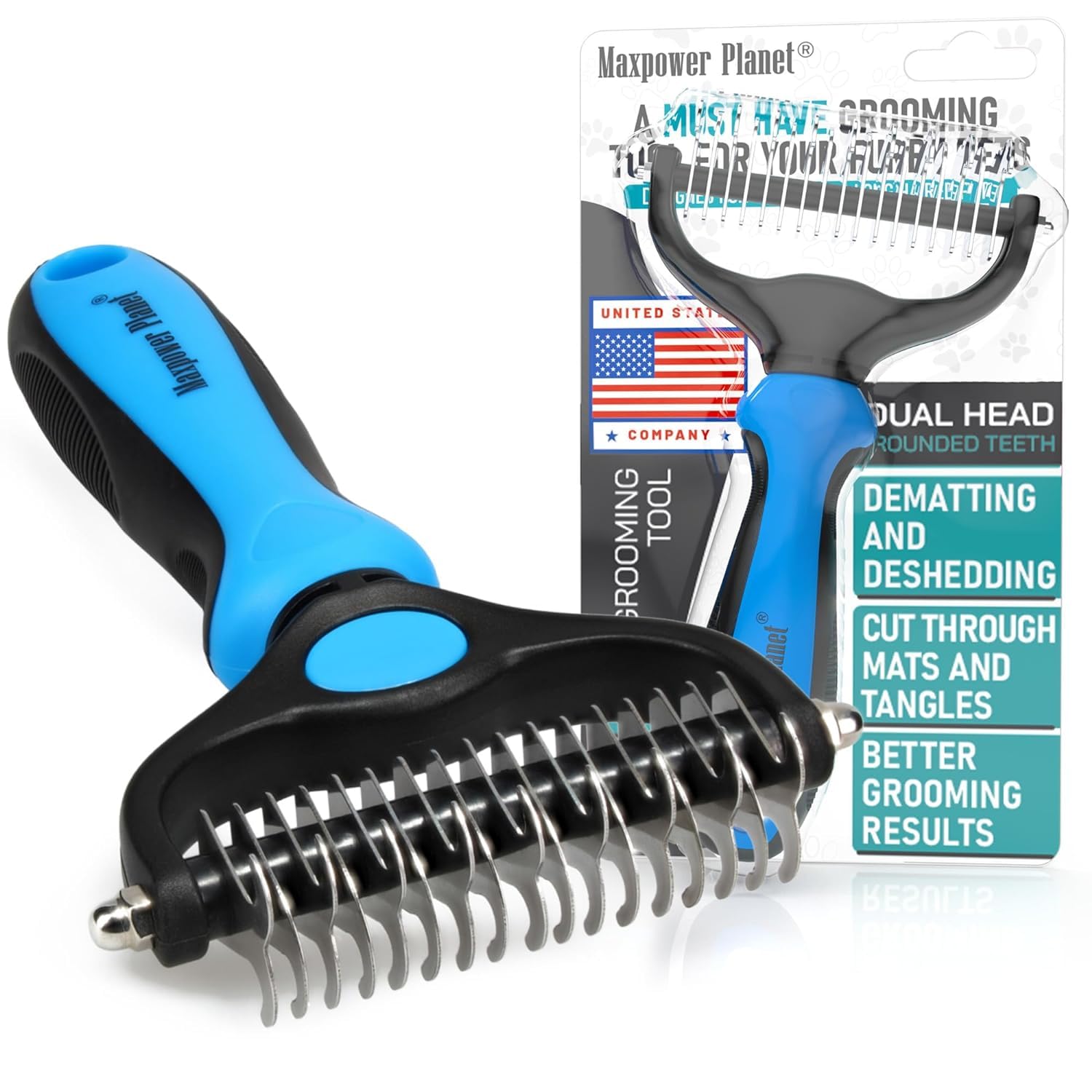 Maxpower Planet Original Pet Grooming Rake - Double-Sided Deshedding Dematting Tool, Undercoat Rake For Dogs & Cats, Extra-Wide Dog Grooming Brush & Deshedder Comb For Long Hair, Reduces Shedding 95%