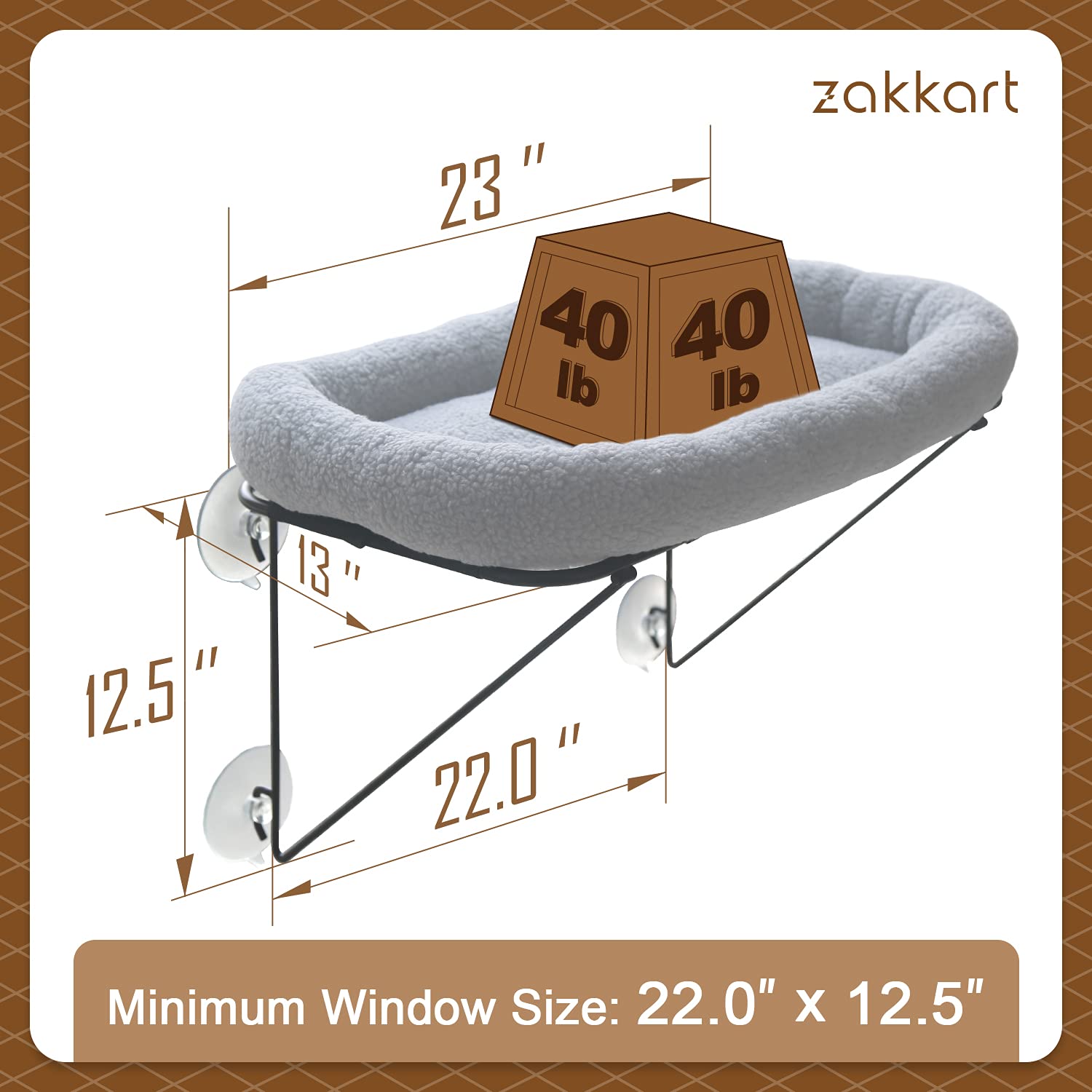 Zakkart Cat Window Perch - Metal Hammock for Large Cats - 23"x13"x12.5" - Grey with Spacious Bed for Sunbathing & Napping